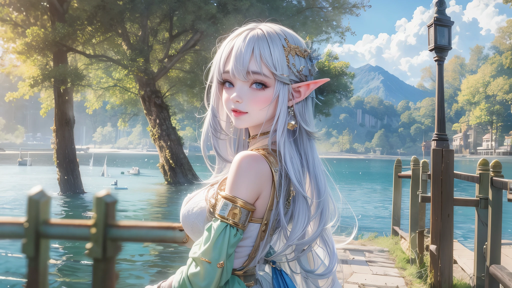 (master piece),(4k),high quality, small breasts,1girl,elf,long silver hair,pale skin,smile,white and blue costume,lakeside,(beautiful fantasy anime),film Lighting
