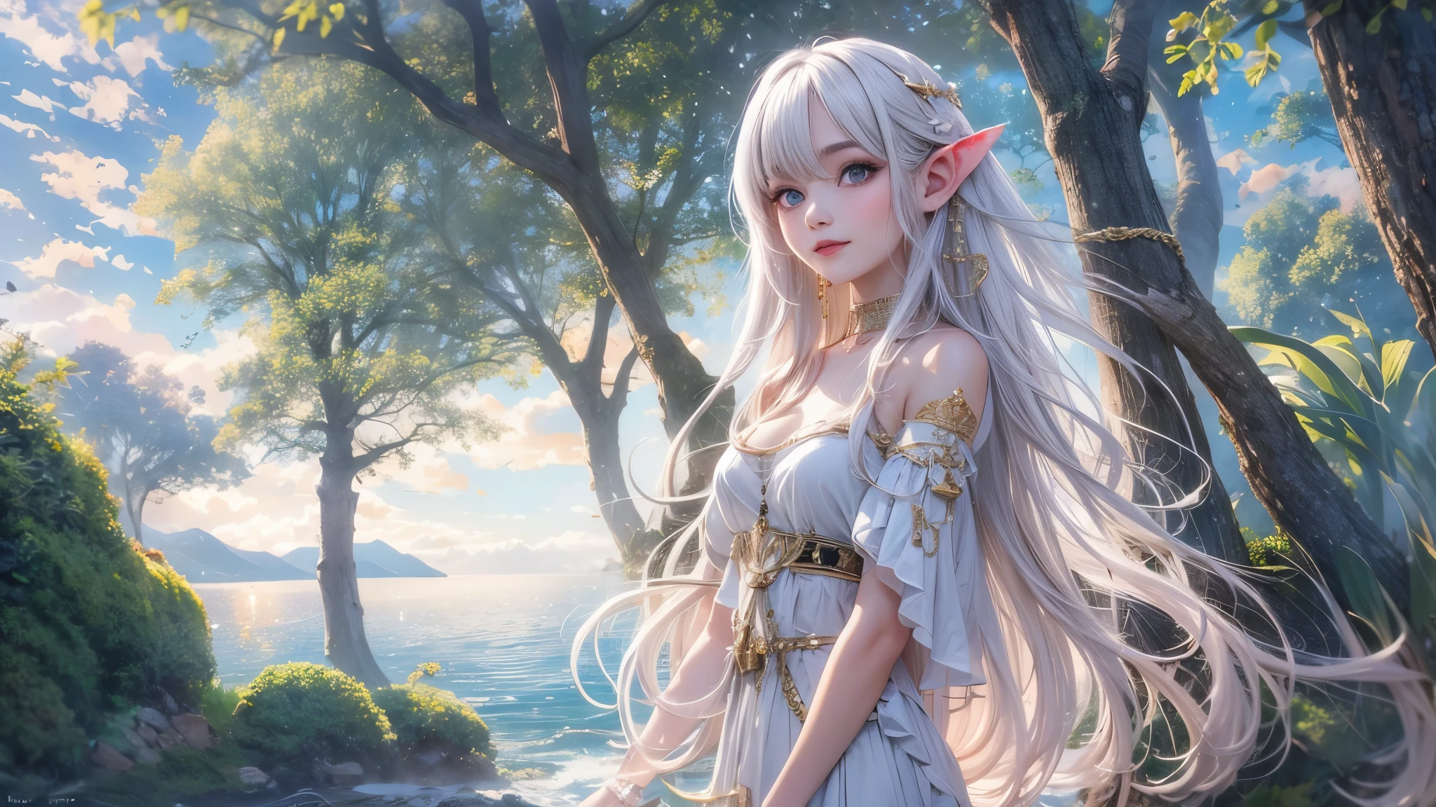 (master piece),(4k),high quality, small breasts,1girl,elf,long silver hair,pale skin,smile,white and blue costume,lakeside,(beautiful fantasy anime),film Lighting
