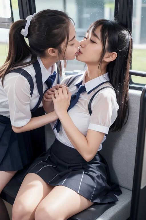 (masterpiece, best quality:1.2), 8k, 15yo, 85mm, official art, raw photo, absurdres, white dress shirt, pretty face, close up, upper body, violaceaess, gardeniass, beautiful girl, , (navy pleated skirt:1.1), cinch waist, thighs, short sleeve, in train, sitting on bench seat, looking at viewer, no makeup, (smile:0.4), film grain, chromatic aberration, sharp focus, facelight, clear lighting, teen, detailed face, bokeh background, (dark red necktie:1.1), ( two young girls is deeply in love with each other, kiss:1.3)