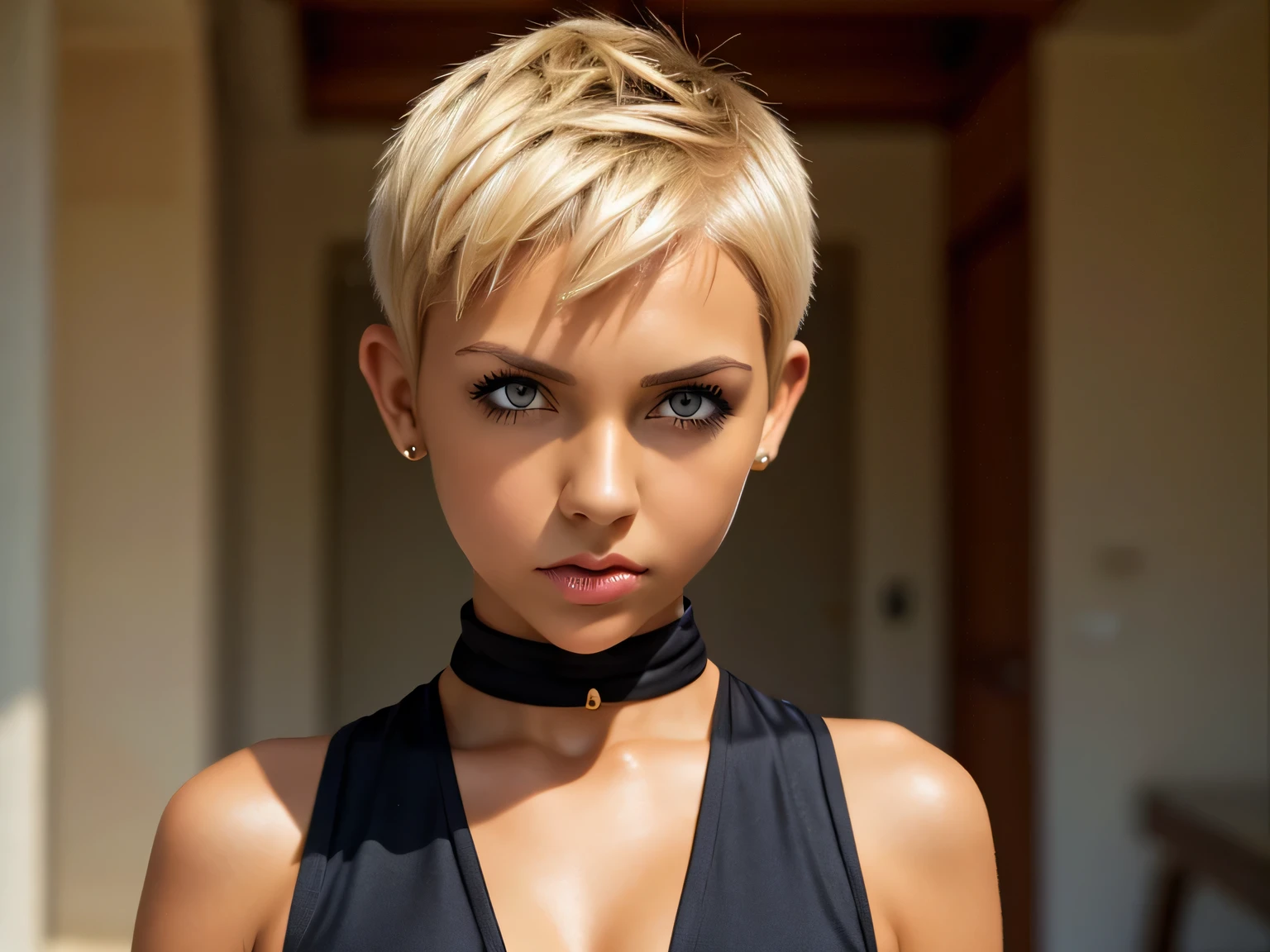 fully tanned ninja girl, short blonde pixie cut hair, shaved hair on right side of head, wearing ninja outfit, big frown on face, pouty lips, small bust, riche, sunny, collier, full body, medium wide shot