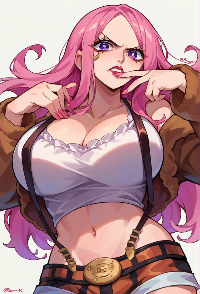 score_9, score_8_up, score_7_up, source_anime BREAK 1girl, looking at viewer, 
jewbonney, purple eyes, pink hair, long hair,  make up, lipstick, v-shaped eyebrows, midriff, navel, 
large breasts, bikini 