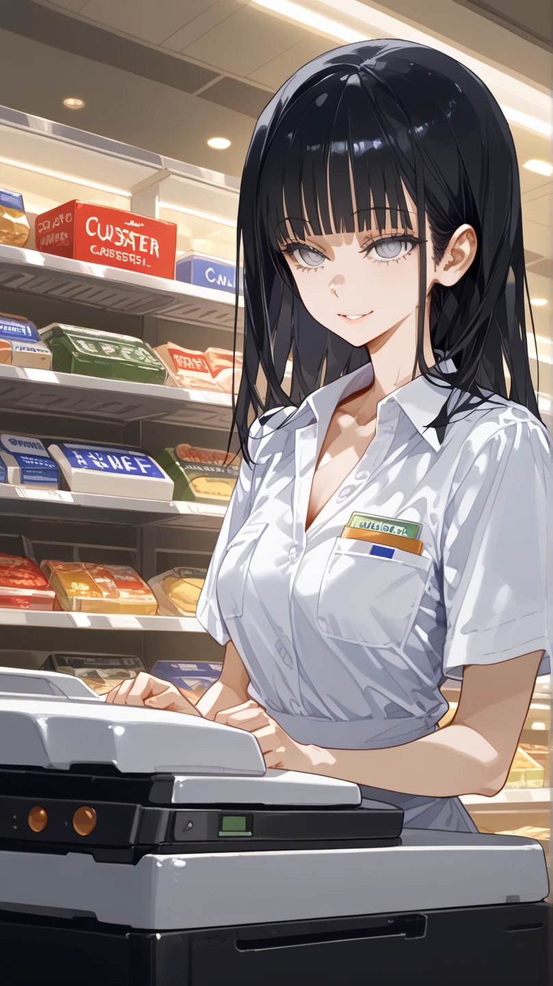 A young woman in a convenience store uniform stands behind the counter、Smiling as he hands the customer a receipt。The inside of the store is bright、Snacks in the background、drink、You can see the shelves with other products.。The cashier、White shirt with the store logo and striped tie、Wearing a name tag。Everyday scenes from a modern convenience store、It has a friendly and welcoming atmosphere.。