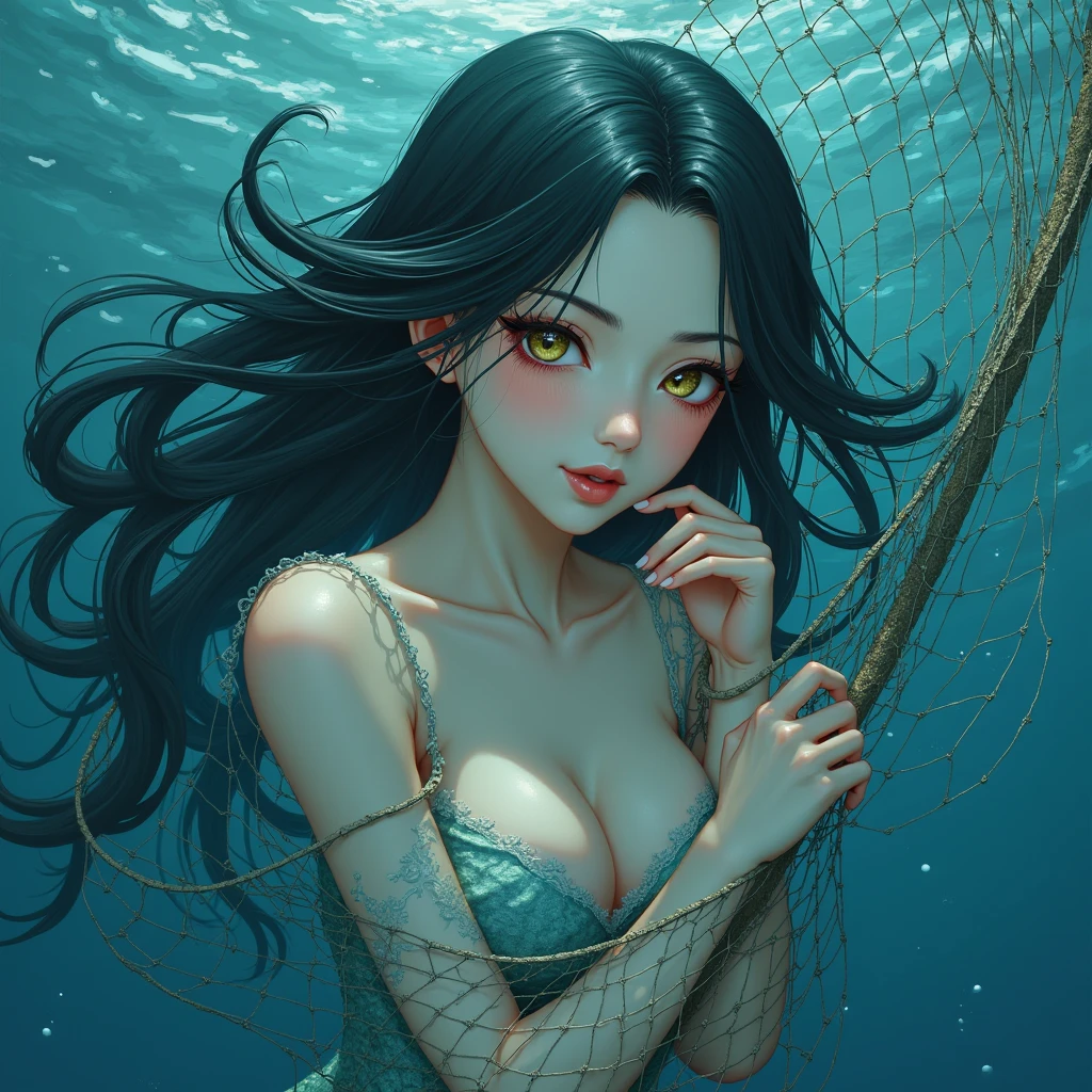 Into the blue abyss she flows, the legend of the mermaid calls her, the sound of the deep sea surrounds her, disappears into the waves, she is now a mermaid.