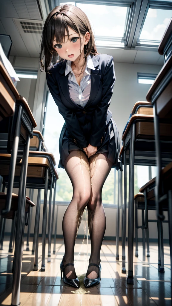 Female student teacher urinates in front of students、Urinary incontinence、peeing herself、A lot of pee、From below、White Suit、White Mini Skirt、High heels、Perfect figure、Extremely beautiful、classroom、Standing upright and peeing、Steam rising from the pee、Embarrassed、Being mocked by students