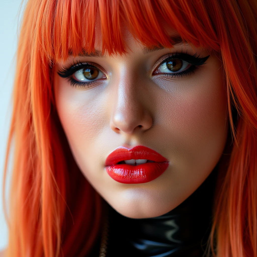 A beautiful, skinny girl with colourful hair, close-up portrait of her pretty face, captivating red lip gloss, dramatic eyeliner flicks, wearing a sexy latex neck-entry catsuit, (best quality, 4k, 8k, highres, masterpiece:1.2), ultra-detailed, (realistic, photorealistic, photo-realistic:1.37), HDR, UHD, studio lighting, ultra-fine painting, sharp focus, physically-based rendering, extreme detail description, professional, vivid colors, bokeh, portrait, cute, 18 years old, extremely shiny lips, lip oil, lip gloss, lip glitter