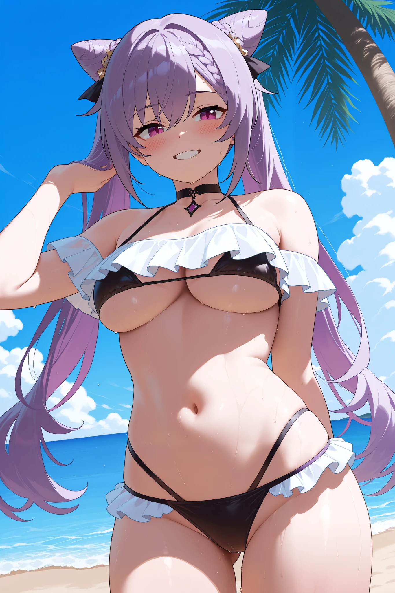NSFW,masterpiece, top quality, high definition, very detailed,Keqing、 braids、コーンHair Bun、Hair Bun、 hair ornament、 Long Hair 、 purple eyes、 purple hair, ruffle bikini, multiple straps,Underboob,beach, palm trees,smile,blush, wet