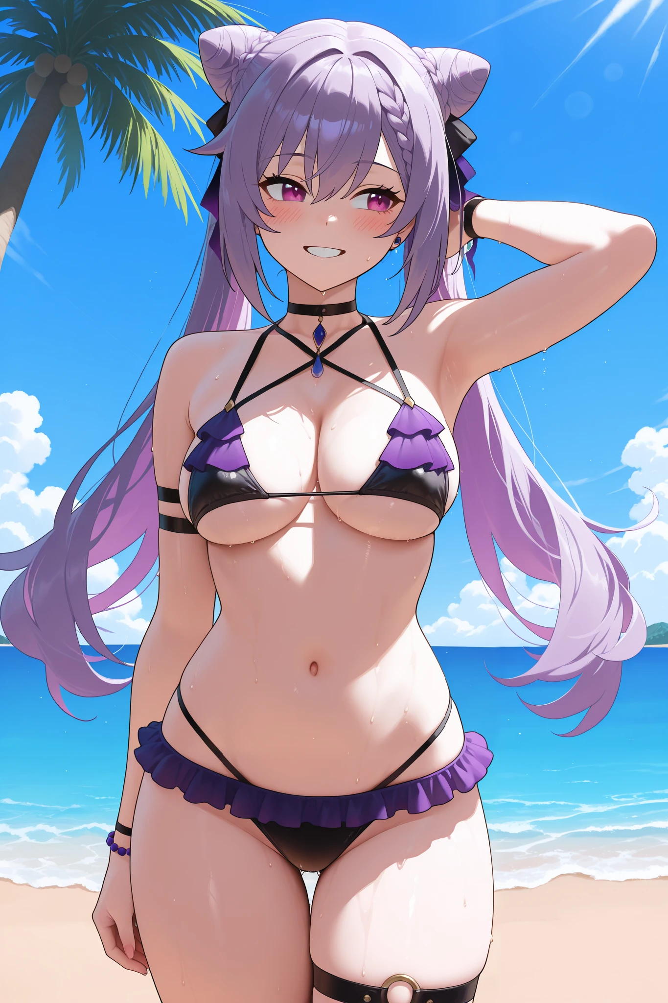 NSFW,masterpiece, top quality, high definition, very detailed,Keqing、 braids、コーンHair Bun、Hair Bun、 hair ornament、 Long Hair 、 purple eyes、 purple hair, ruffle bikini, multiple straps,Underboob,beach, palm trees,smile,blush, wet