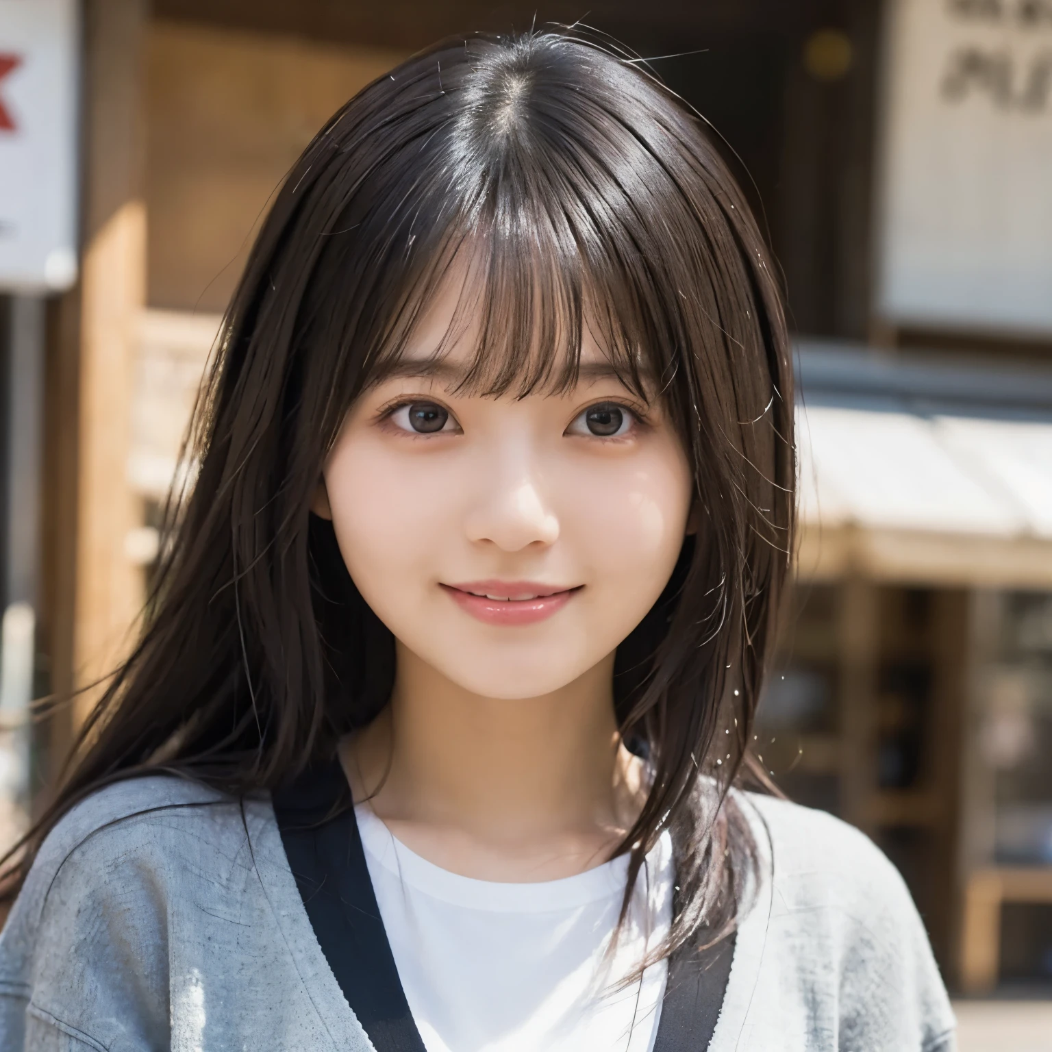  black cardigan,  white t-shirt , Street corner in the early afternoon , Blurred shop exterior, ( from the front:1.2), ( face close-up :1.3),  natural smile ,  girl, busty,  black hair,  straight hair,  with bangs, 's greatest masterpiece,  professional lighting