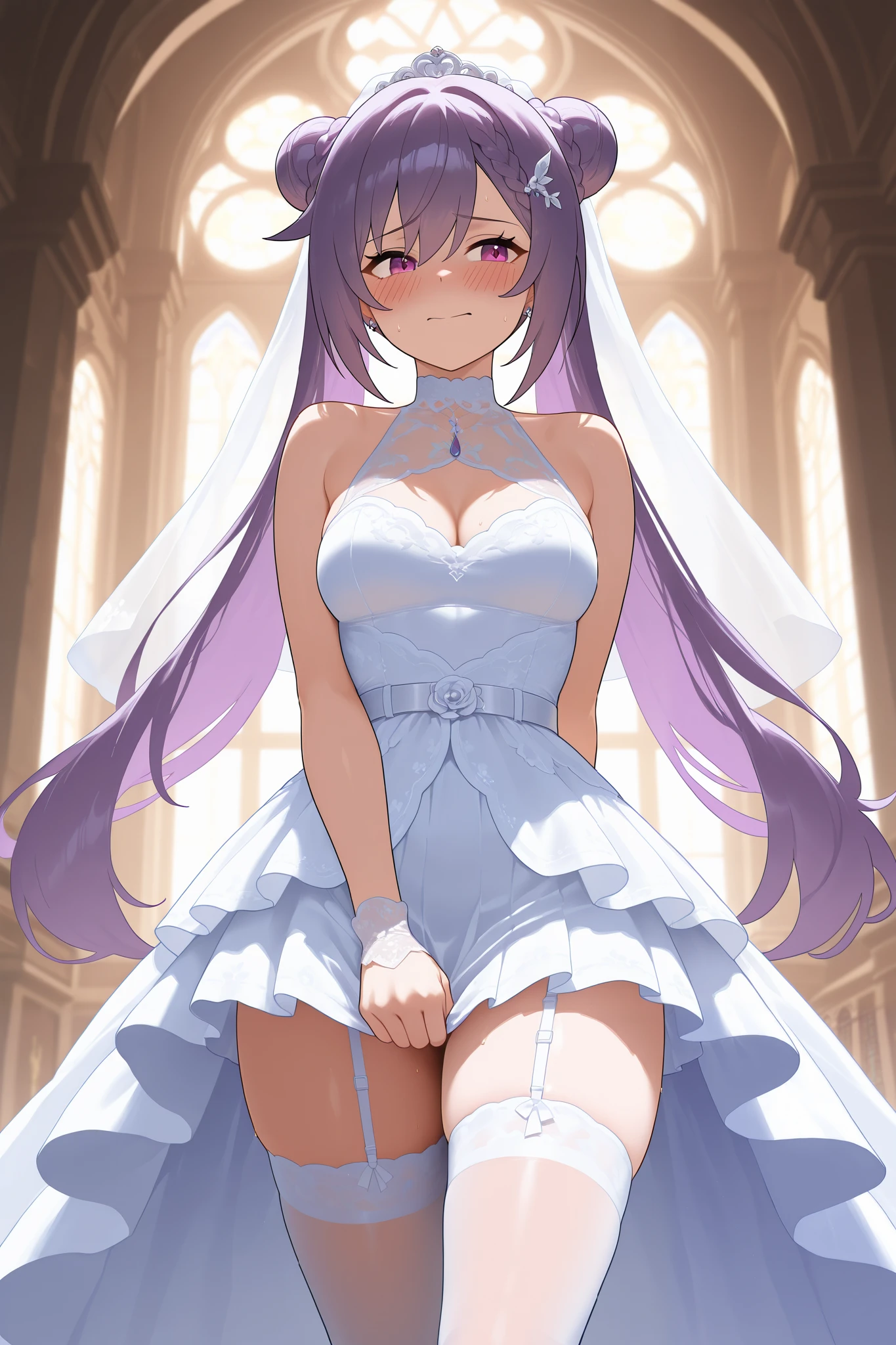 NSFW,masterpiece, top quality, high definition, very detailed,Keqing、 braids、コーンHair Bun、Hair Bun、 hair ornament、 Long Hair 、 purple eyes、 purple hair, wedding dress, miniskirt ,Veil, garter belt,church,Embarrassed,smile