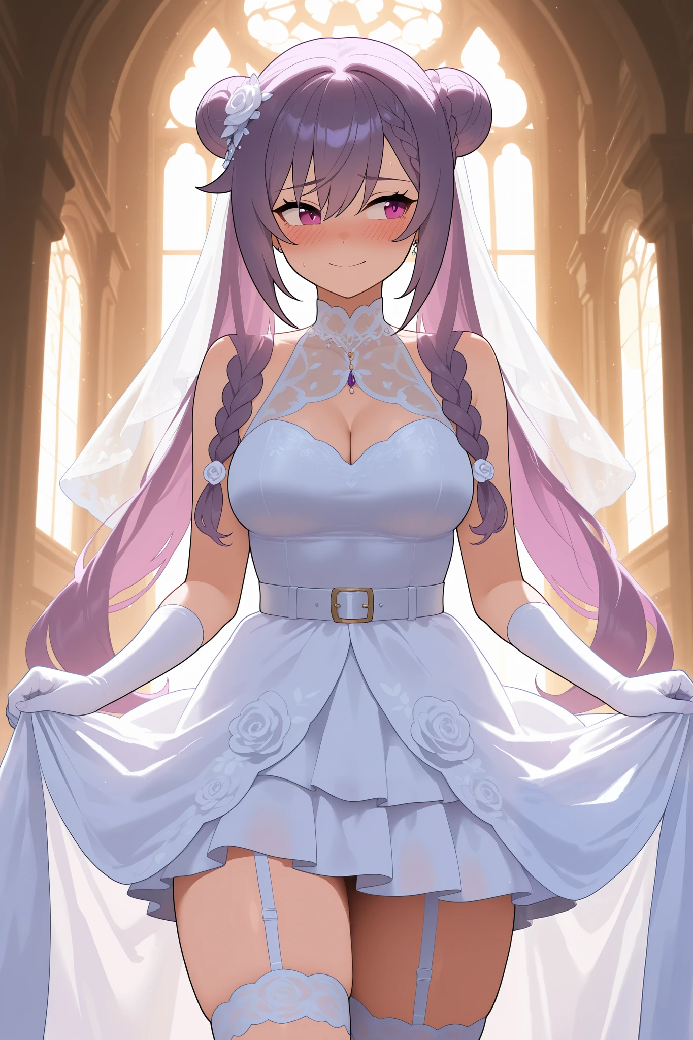 NSFW,masterpiece, top quality, high definition, very detailed,Keqing、 braids、コーンHair Bun、Hair Bun、 hair ornament、 Long Hair 、 purple eyes、 purple hair, wedding dress, miniskirt ,Veil, garter belt,church,Embarrassed,smile