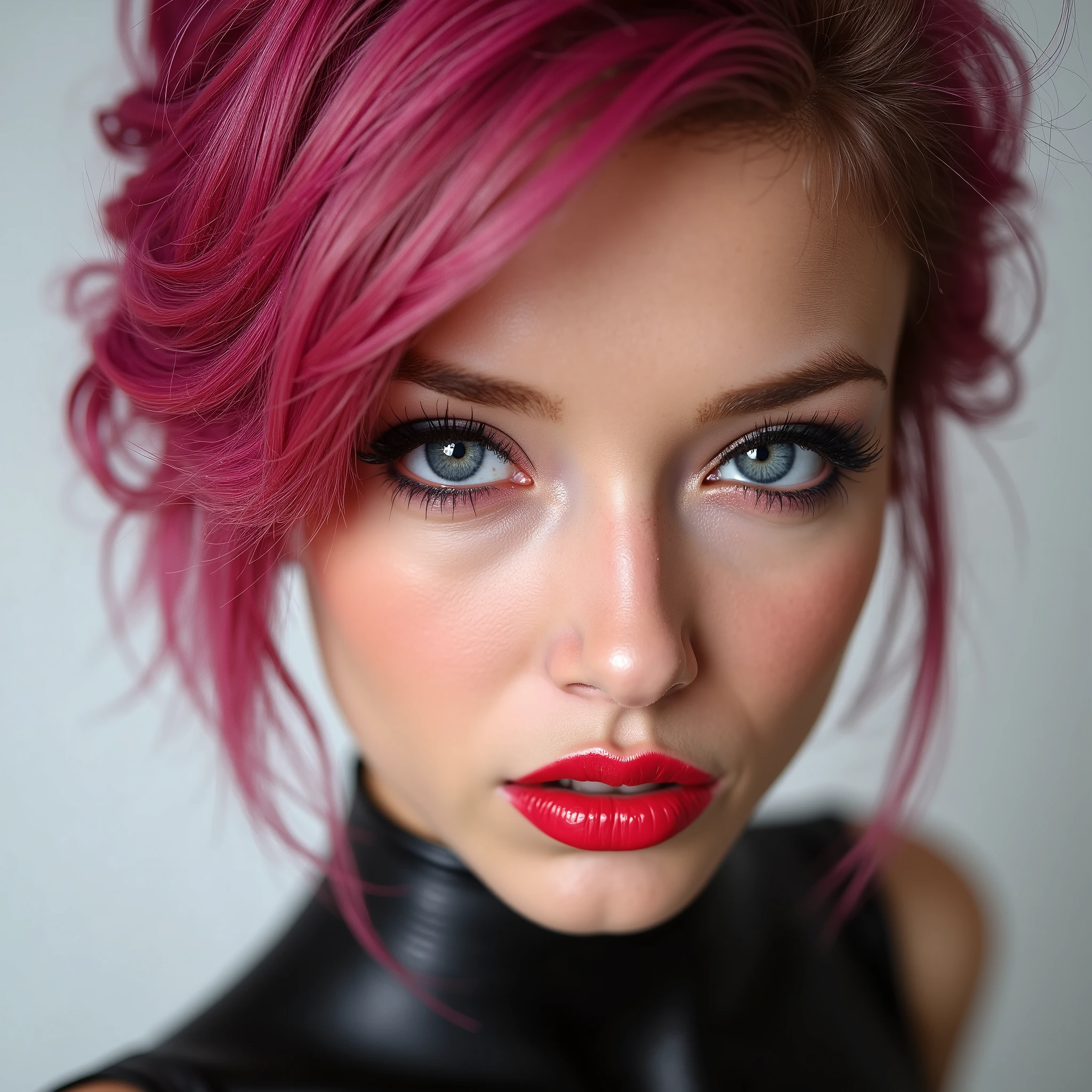 A beautiful, skinny girl with colourful hair, close-up portrait of her pretty face, captivating red lip gloss, dramatic eyeliner flicks, wearing a sexy latex neck-entry catsuit, (best quality, 4k, 8k, highres, masterpiece:1.2), ultra-detailed, (realistic, photorealistic, photo-realistic:1.37), HDR, UHD, studio lighting, ultra-fine painting, sharp focus, physically-based rendering, extreme detail description, professional, vivid colors, bokeh, portrait, cute, 18 years old