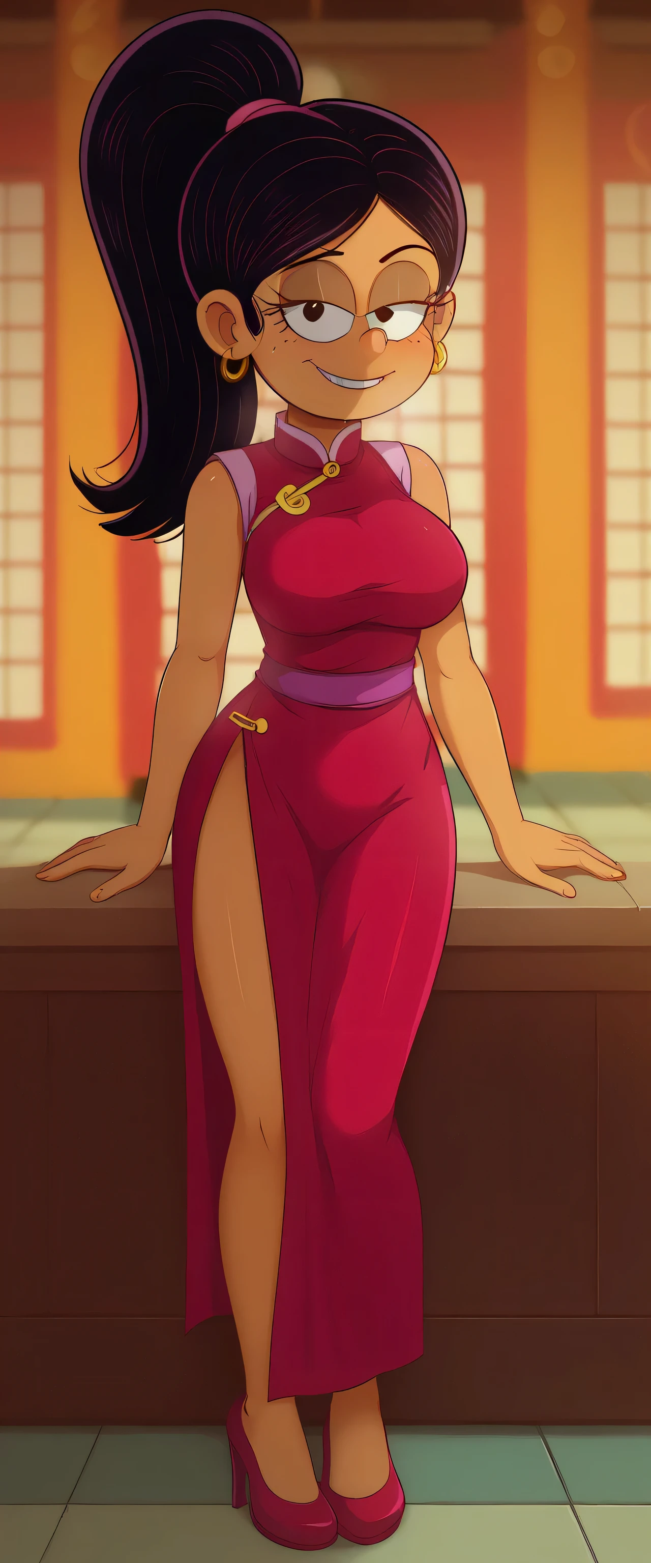 safe_pos, score_9, score_8_up, score_7_up BREAK Ronnie Anne Santiago, 1girl, solo, aged up, black hair, long hair, ponytail, bangs, dark skinned female, black eyes, the loud house, BREAK large breasts, BREAK looking at you, purple cheongsam, inside of a chinese temple, full body view, standing