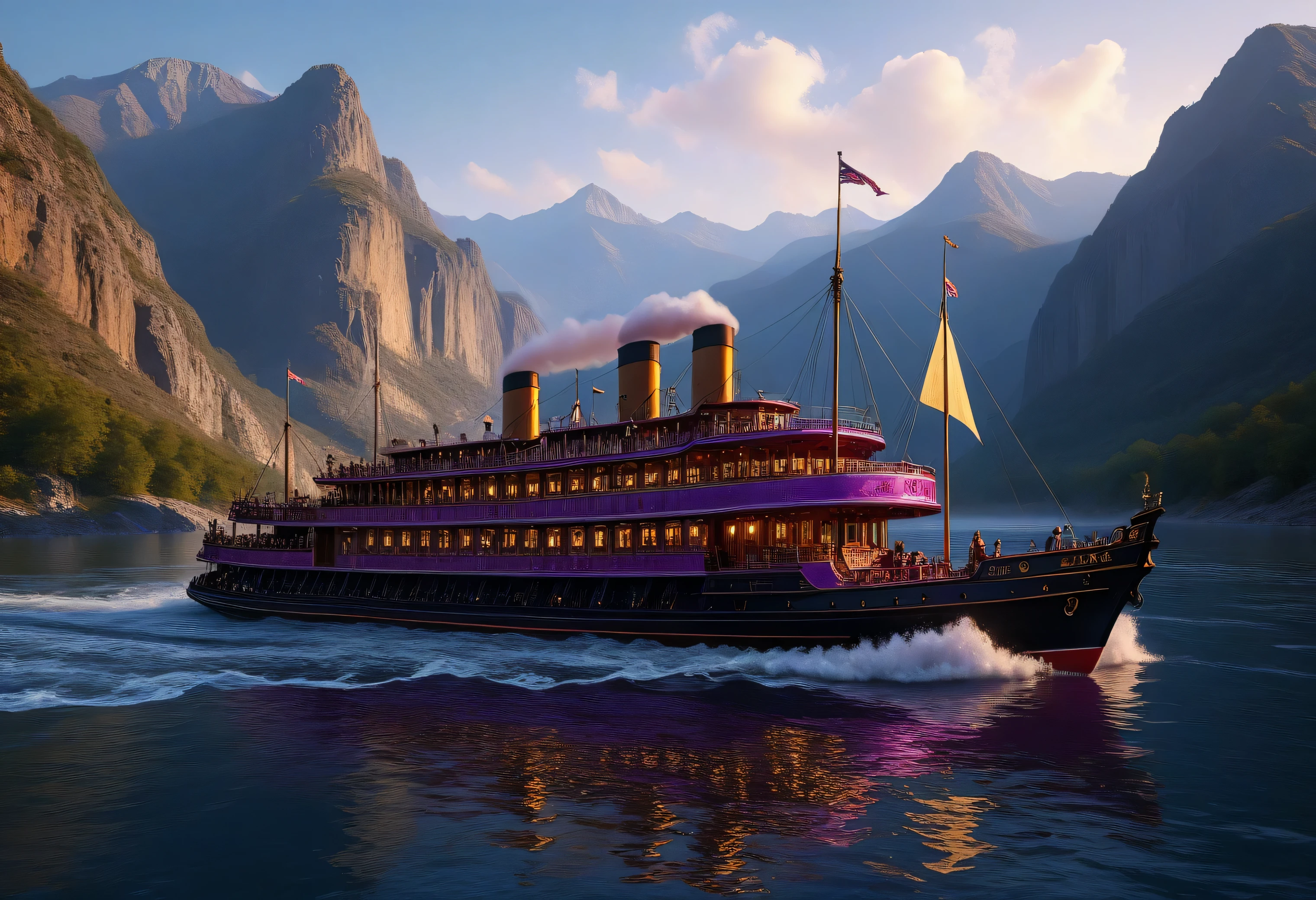 safe_pos, (score_9, score_8_up:1.1), score_7_up, photorealistic, colorful                                         a highly detailed paddle steamer made of sparkling amethyst crystals is sailing down the Mississippi River, beautiful mountains are in the background,                                            absurdres, masterpiece,, Expressiveh choker, flux-style ((masterpiece, Highest quality, Best image quality, High resolution, Realistic, RAW Photos, 8k, Highly detailed)) 4lch3my_l4b CyberRealistic_Negative_PONY