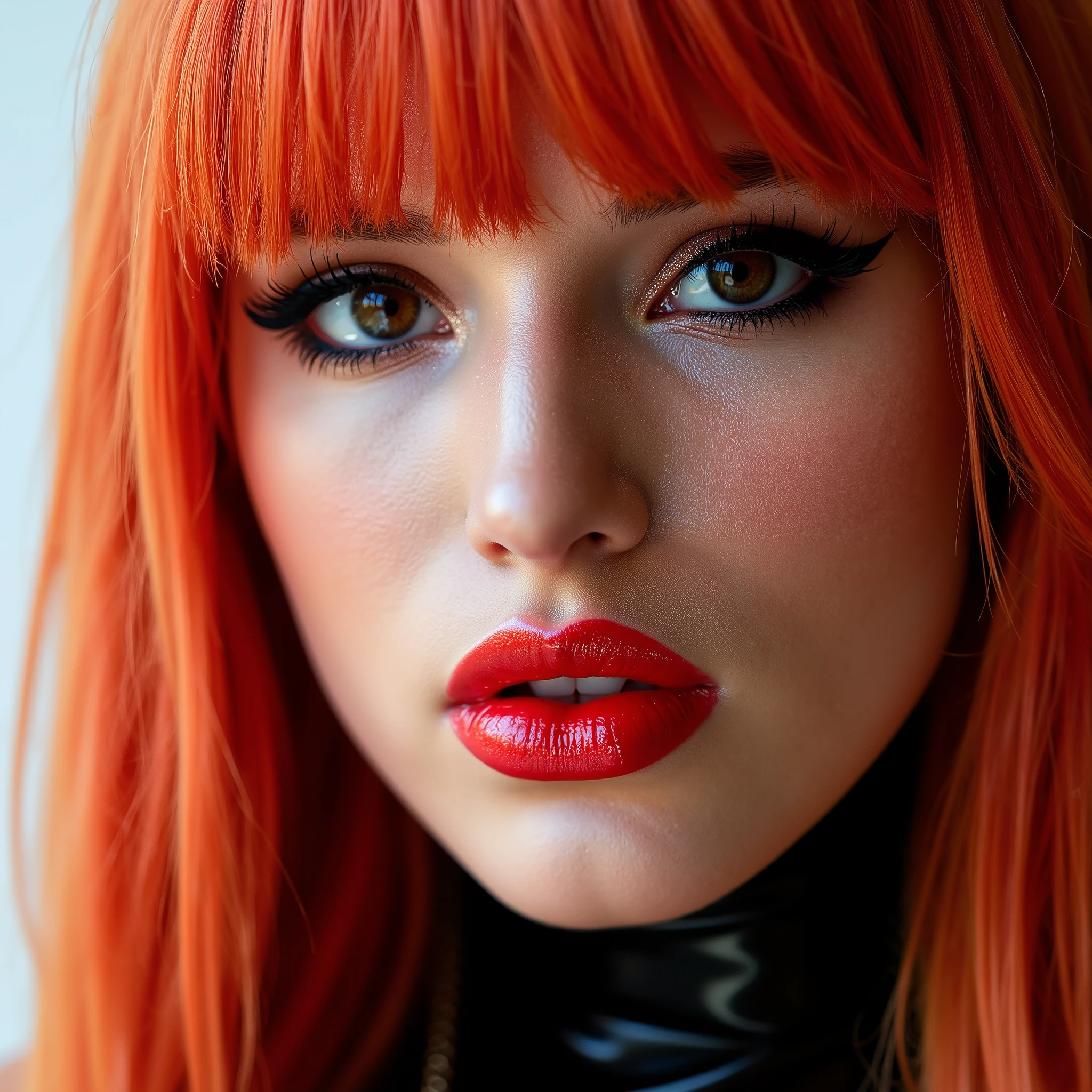 A beautiful, skinny girl with colourful hair, close-up portrait of her pretty face, captivating red lip gloss, dramatic eyeliner flicks, wearing a sexy latex neck-entry catsuit, (best quality, 4k, 8k, highres, masterpiece:1.2), ultra-detailed, (realistic, photorealistic, photo-realistic:1.37), HDR, UHD, studio lighting, ultra-fine painting, sharp focus, physically-based rendering, extreme detail description, professional, vivid colors, bokeh, portrait, cute, 18 years old, extremely shiny lips, lip oil, lip gloss, lip glitter