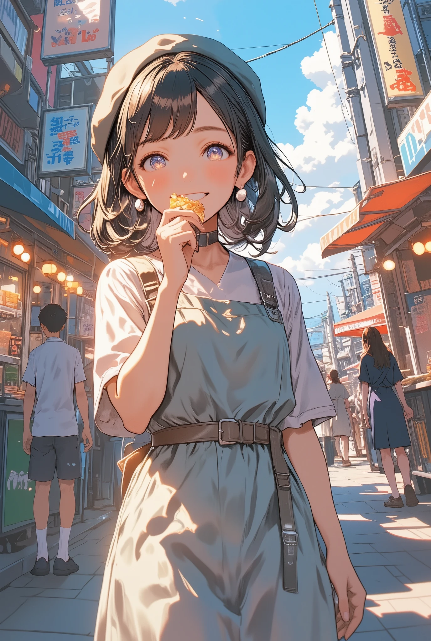 Girl in simple dress, Street Food Stall, High Resolution, Super Detailed, Masterpiece, Ahoge, Riverside Background, Depth Of Field, Asymmetrical Hair, Shell shaped earrings, First-Person View, Ultla-Wide Andle, Character Design, Abatomically Correct, Grin, full body, Multicolored Hair, People pass by, Atmospheric Perspective, Streaked Hair, Solo, Coastal Background, Street crowded food stalls, A girl holdings food in her hand and nibbling on it, Modern, beret, 1girl, Tachi-e, Food On Face, Bright Pupils, Gradient Hair, Sign on street marked "Next XXX2 V", Amsterdom, There's a store for wizard hats, Flower-Shaped Pupils, Multicolored Eyes, Smile, Earrings, Happy, A girl on a busy street, Soft Lighting