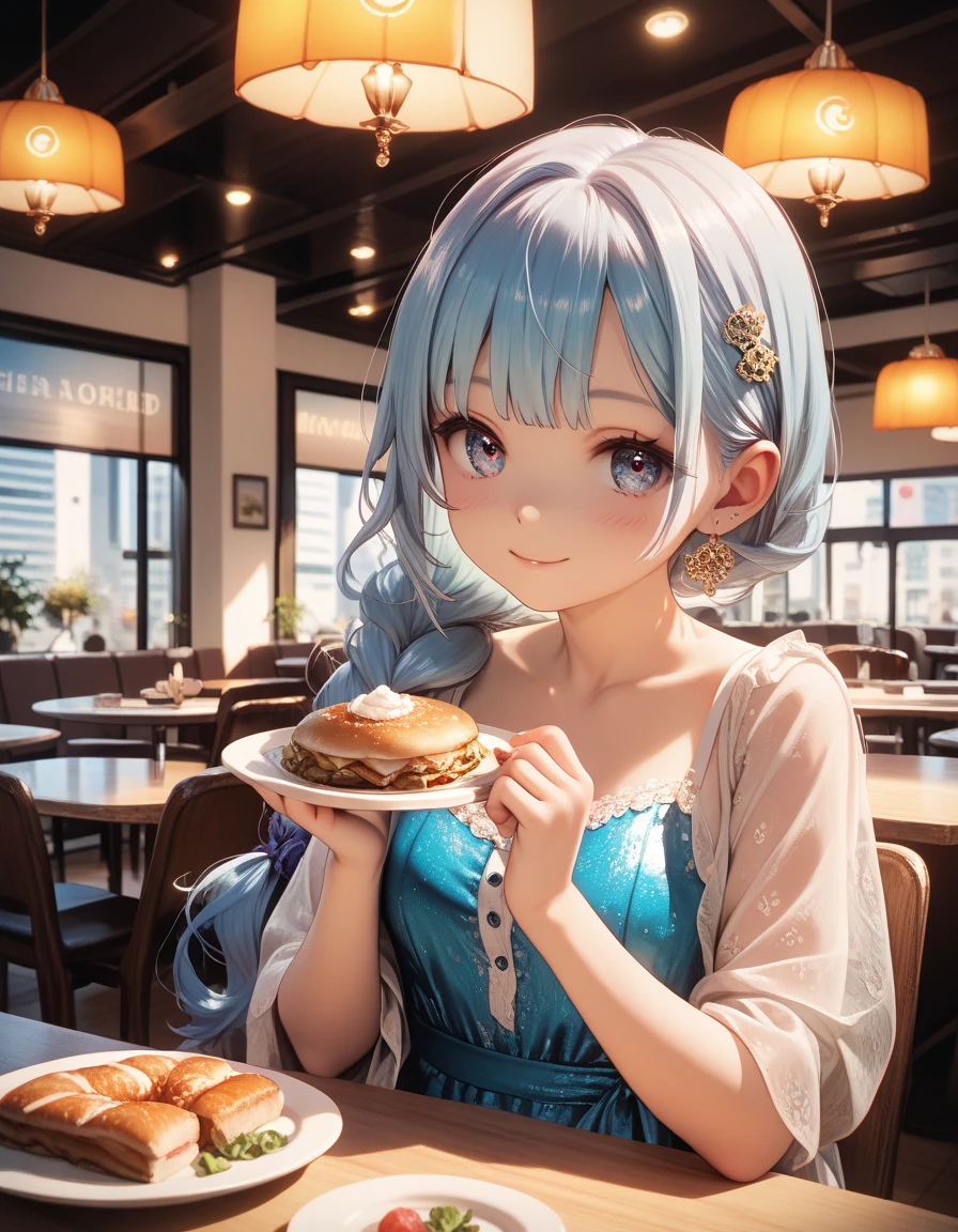 Solo, Anime style, extremely detailed, Young pale white small Girl with gradient blue hair, flirting, at night, cafeteria, lively eyes, detailed face, short, small frame, elegant, delicate, cute,  giant boobs, huge boobs, round boobs, perfect well defined muscular thin body, detailed, hd, 4k, perfect face, detailed anatomy, detailed sex, perfect body, full body, thigh gap