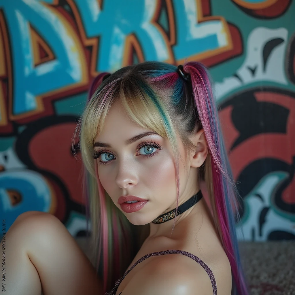 8K,Best quality, masterpiece, ultra high res, raw photo, (Authentic skin texture:1.3), a highly detailed, cinematic photo shoot of a cute 9-year-old teen influencers with a mix of Christina Aguilera and Britney Spears facial features, barely green eyes, a few freckles, and a trendy short haircut. She has an tight body with large breasts measurements 39-29-37 and a sweet and innocent look. The photo is taken in a from the side, 8k UHD, bra, booty shorts, nice thigh highs, perky round ass, buenos senos, multicolored hair, twin braids, multicolored hair, soft lighting, film grain, pov, Nikon, high quality, UHD, highres, textured skin, super detail, anatomically correct