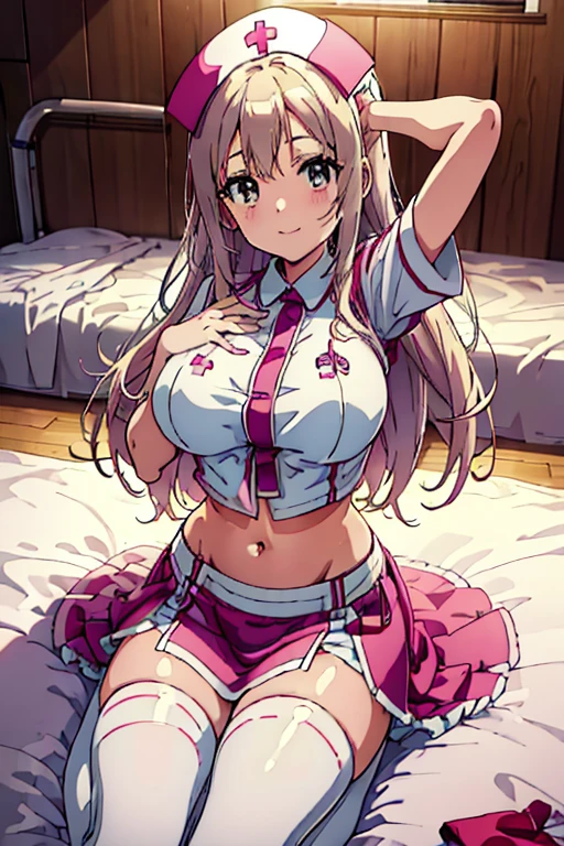 1girl, anime girls, best quality, masterpiece, ultra high res, anime screencap, cute, looking at viewer, spread arms, wariza on bed, nurse clothes, crop top, navel, midriff, thighhighs, nurse cap, gigantic breasts, long hair, two side up, smile, hospital