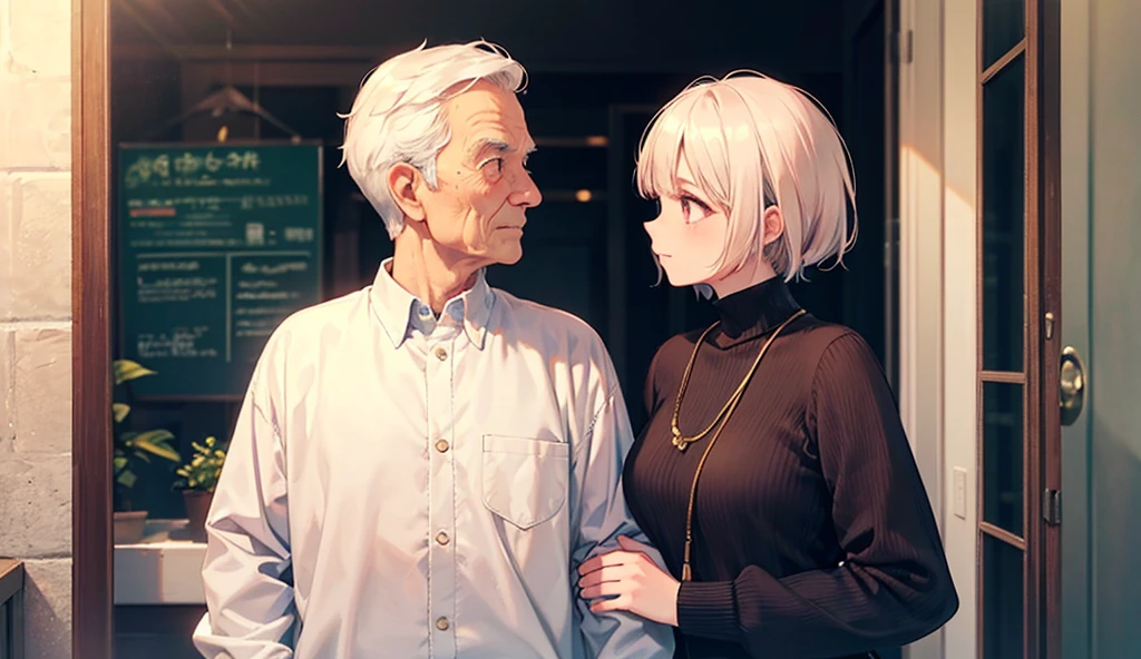 A wise old man speaking with approval, his face filled with respect for her journey. The woman stands by his side, her posture strong, her eyes reflecting both humility and confidence.