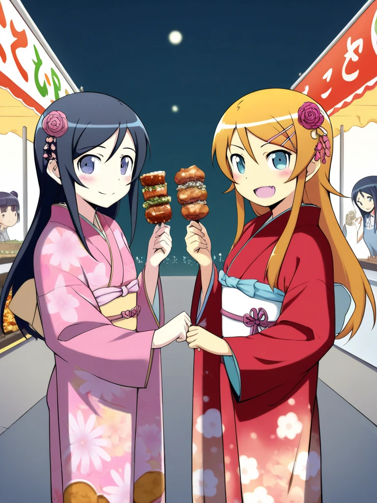 masterpiece, best quality, two girls, misaka mikoto, toaru kagaku no railgun, shirai kuroko, toaru kagaku no railgun, Furisode, These women happily eat their way through the food stalls where people are passing by., Street Food Stall,