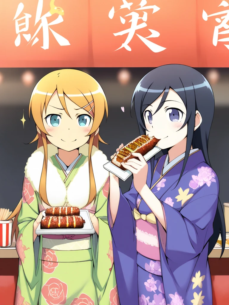 masterpiece, best quality, two girls, misaka mikoto, toaru kagaku no railgun, shirai kuroko, toaru kagaku no railgun, Furisode, These women happily eat their way through the food stalls where people are passing by., Street Food Stall,