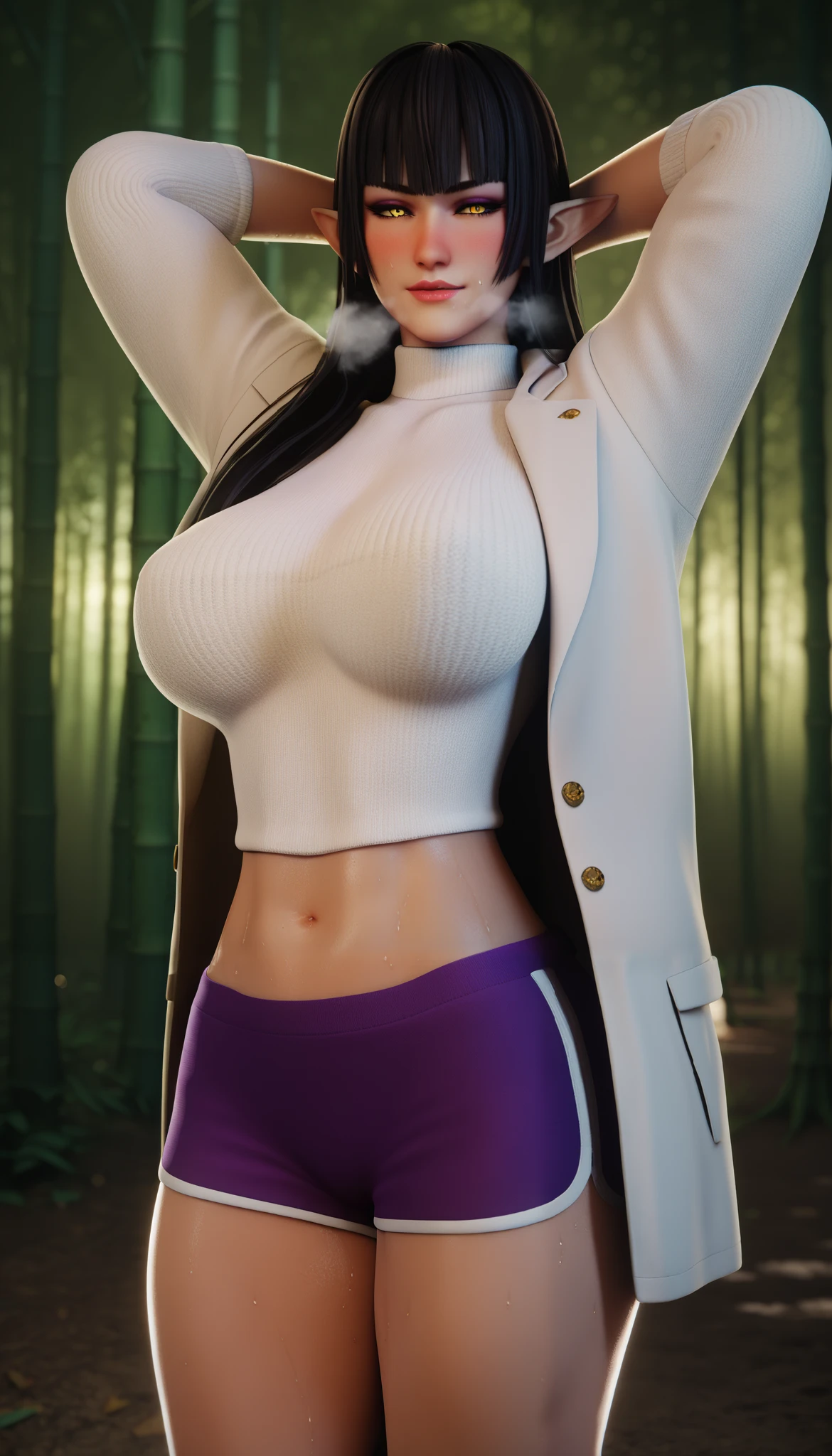 Score_9, Score_8_up, Score_7_up, bouqtm, 1girl, semiramis, black hair, blunt bangs, long hair, pointy ears, sidelocks, yellow eyes, large breasts, BREAK glow effects, godrays, Hand drawn, render, 8k, octane render, cinema 4d, blender, dark, atmospheric 4k ultra detailed, cinematic, Sharp focus, big depth of field, Masterpiece, colors, 3d octane render, 4k, concept art, trending on artstation, hyperrealistic, Vivid colors, extremely detailed CG unity 8k wallpaper, trending on CGSociety, Intricate, High Detail, dramatic, sweating, exxcesive sweating, sweating drop, ((gasping, heavy breathing:1.3)), makeup, BREAK half-closed eyes, shoes, dolphin shorts, sneakers, purple shorts, short shorts, coat, open coat, midriff peek, thighs, turtleneck, long coat, white coat, sweater, long sleeves, white sweater, nature, forest, bamboo forest, bokeh, spotlight, seductive smile, blush, lips, standing, arm behind head