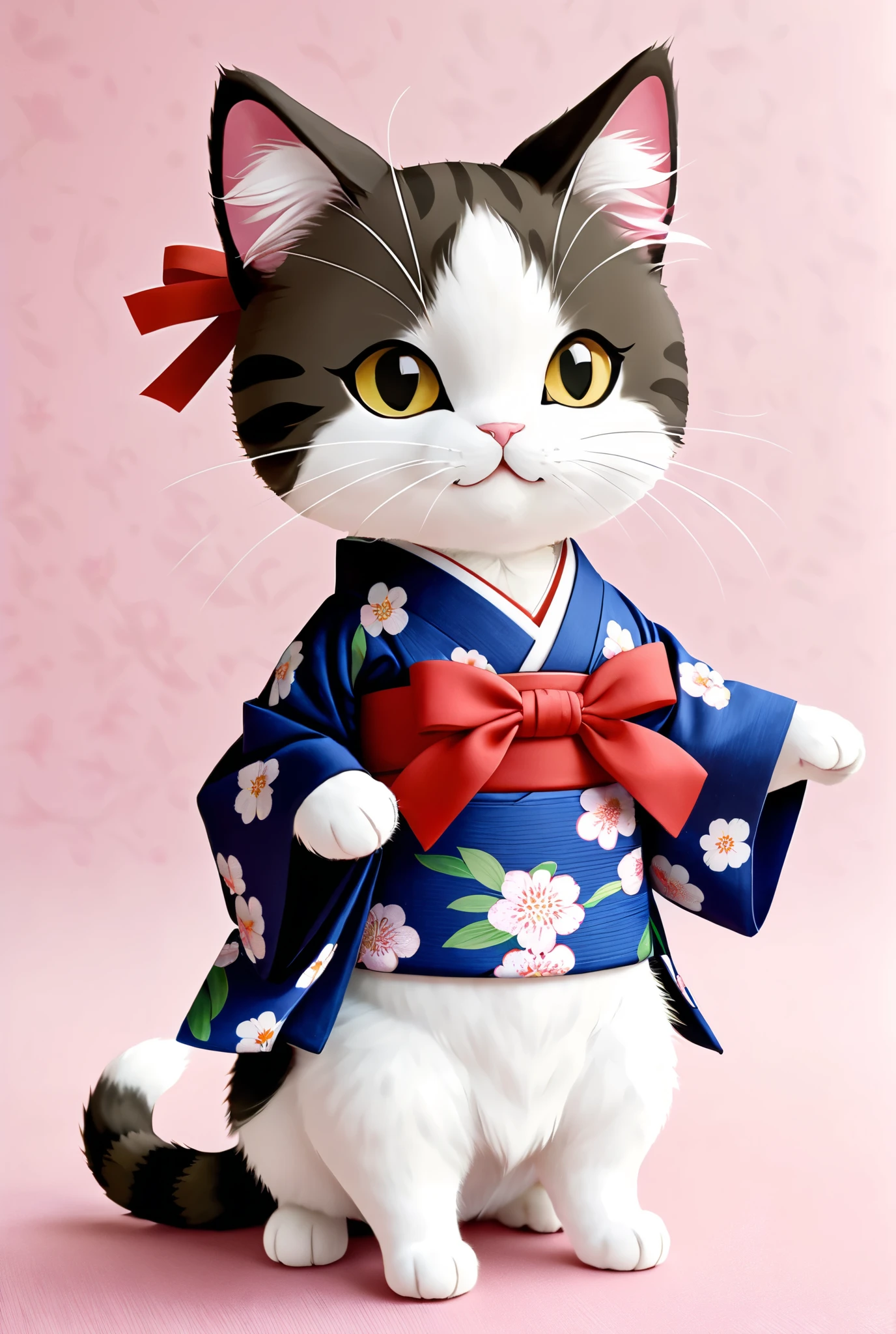 A cat with two tails wearing a kimono。A cat with two tails wearing a kimono with a thick ribbon wrapped around its neck 。
