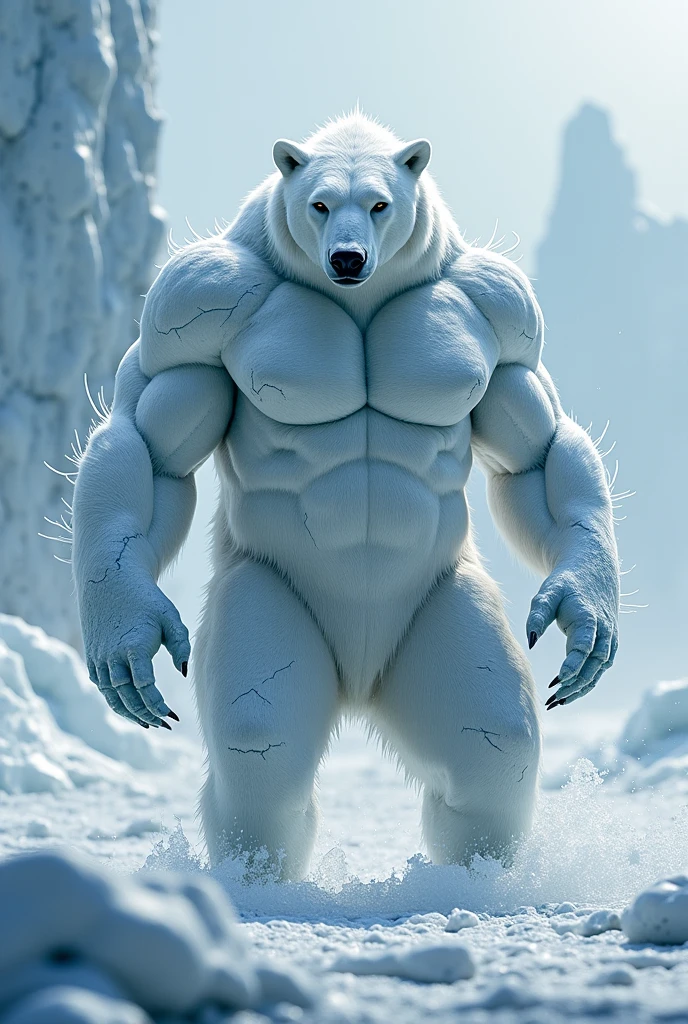 Existe 49 Polar bear stands looking at the sky Medium muscular, frozen planet setting, snowstorm , zoomed in on crotch, , chunie, darkgem, martepiece, dynamic photography.