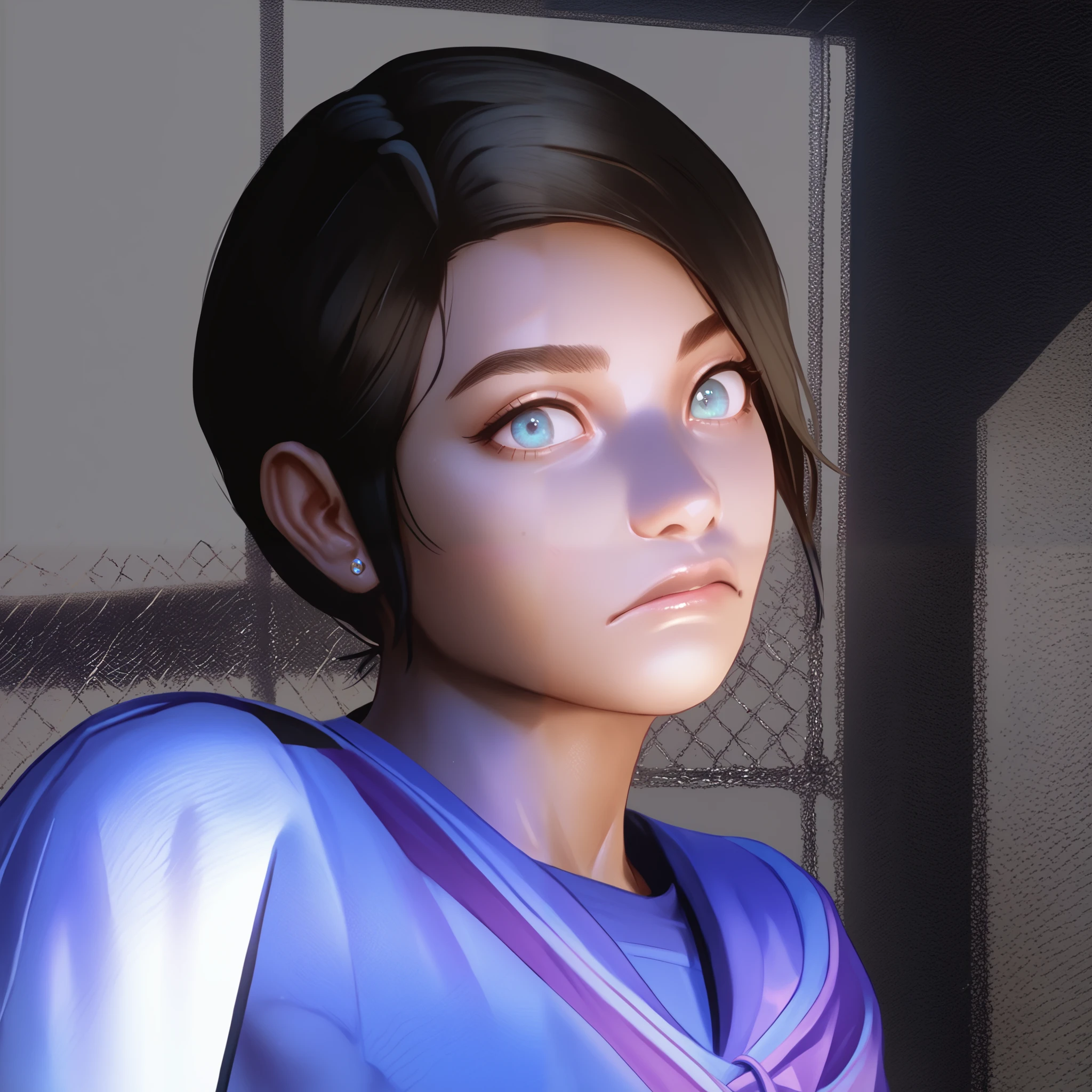 score_9, score_8_ up, score_7_ up, score_6_ up BREAK, portrait, looking , 1 girl, Alone, e4st3r-dh , Green, Dark-skinned women , ponytail, black hair, side lock,glass, crop top, blue eyes