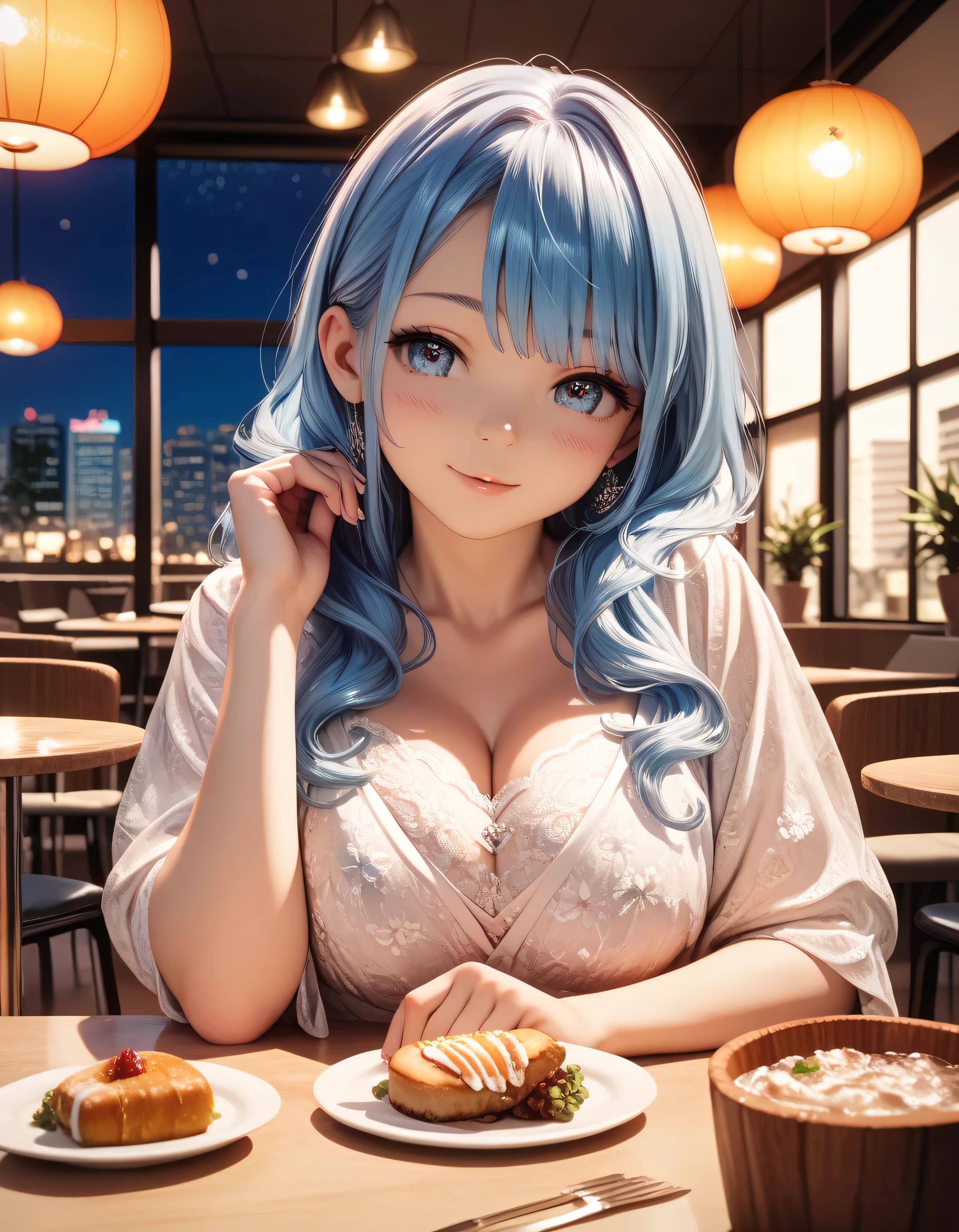 Solo, Anime style, extremely detailed, Young pale white small Girl with gradient blue hair, flirting, at night, cafeteria, lively eyes, detailed face, short, small frame, elegant, delicate, cute,  giant boobs, huge boobs, round boobs, perfect well defined muscular thin body, detailed, hd, 4k, perfect face, detailed anatomy, detailed sex, perfect body, full body, thigh gap