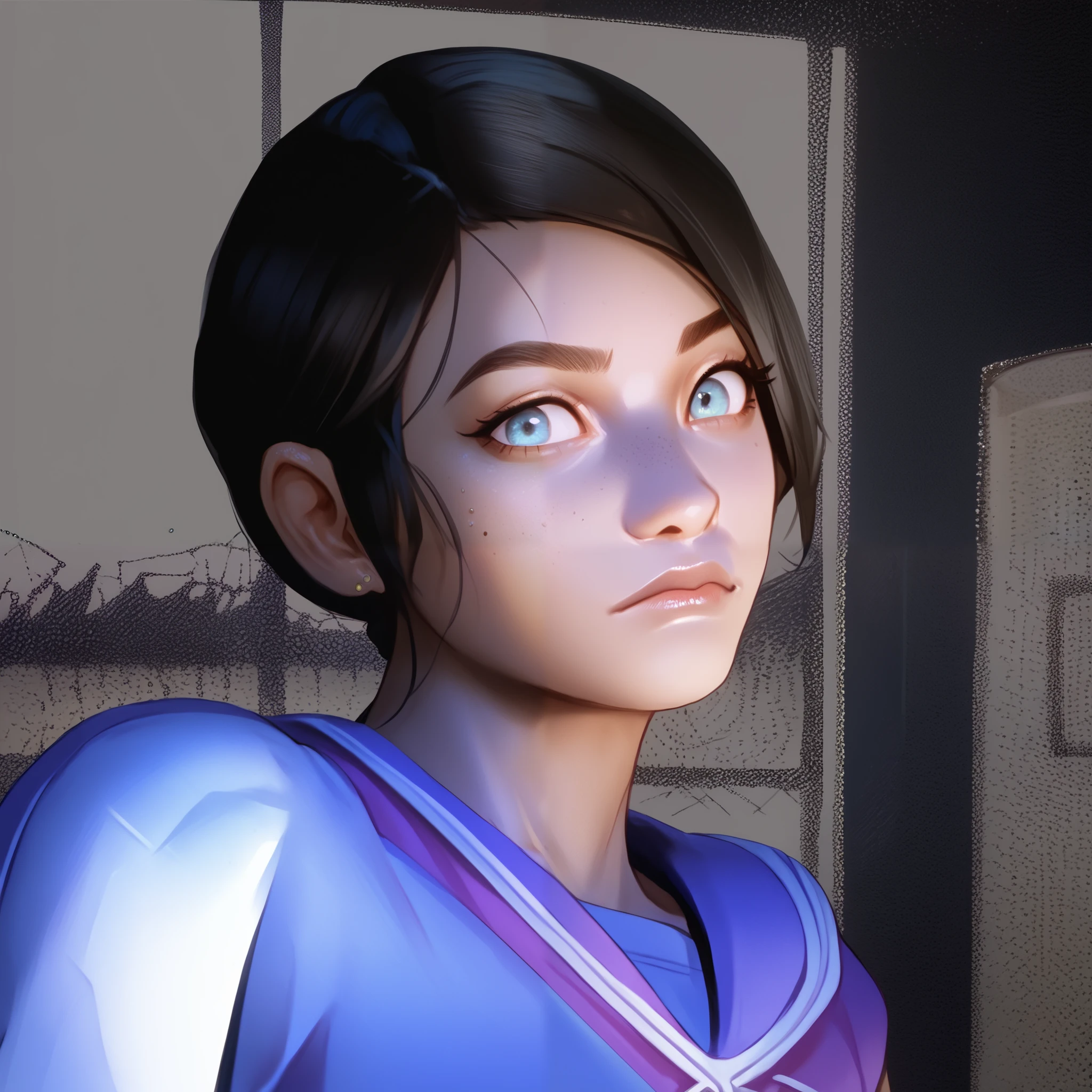score_9, score_8_ up, score_7_ up, score_6_ up BREAK, portrait, looking , 1 girl, Alone, e4st3r-dh , Green, Dark-skinned women , ponytail, black hair, side lock,glass, crop top, blue eyes