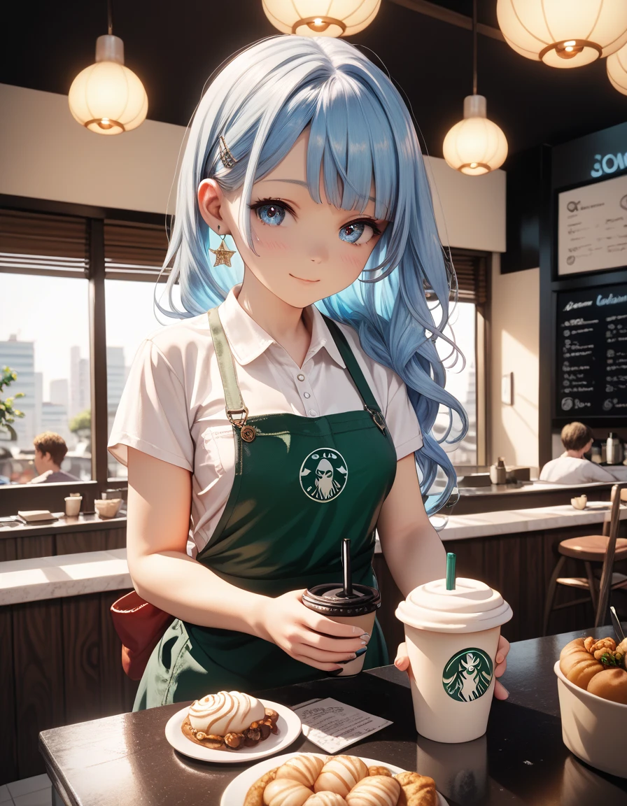 Solo, Anime style, extremely detailed, Young pale white small Girl with gradient blue hair, flirting, at night, barista, cafeteria, tiny clothes, lively eyes, detailed face, short, small frame, elegant, delicate, cute,  giant boobs, huge boobs, round boobs, perfect well defined muscular thin body, detailed, hd, 4k, perfect face, detailed anatomy, detailed sex, perfect body, full body, thigh gap