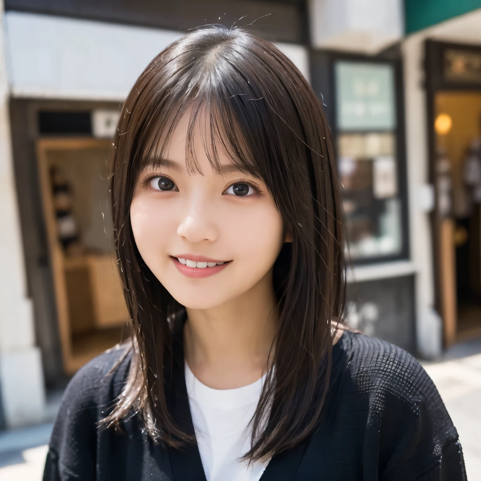  black cardigan,  white t-shirt , Street corner in the early afternoon , Blurred shop exterior, ( from the front:1.2), ( face close-up :1.3),( selfie:1.2),  natural smile ,  girl, busty,  black hair,  straight hair,  with bangs, 's greatest masterpiece,  professional lighting