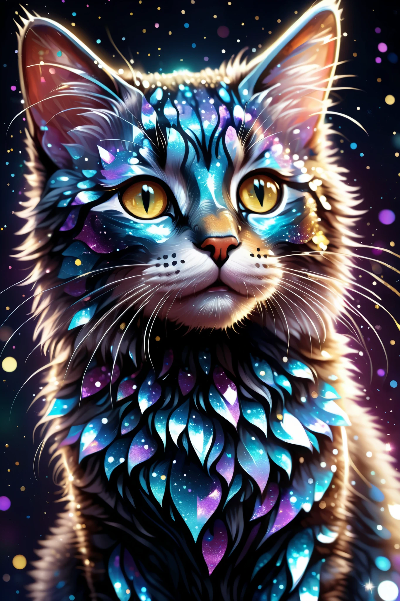 There is a cat with lots of glitter on its face, 4k  very detailed   digital art ,  very detailed   digital art ,   digital art .  very detailed, beautiful   digital art work, 4k detailed   digital art , cute detailed   digital art ,  very detailed   digital art work, amazing detail   digital art , ultra detailed   digital art , ultra-detailed   digital art , amazing   digital art 、whole body