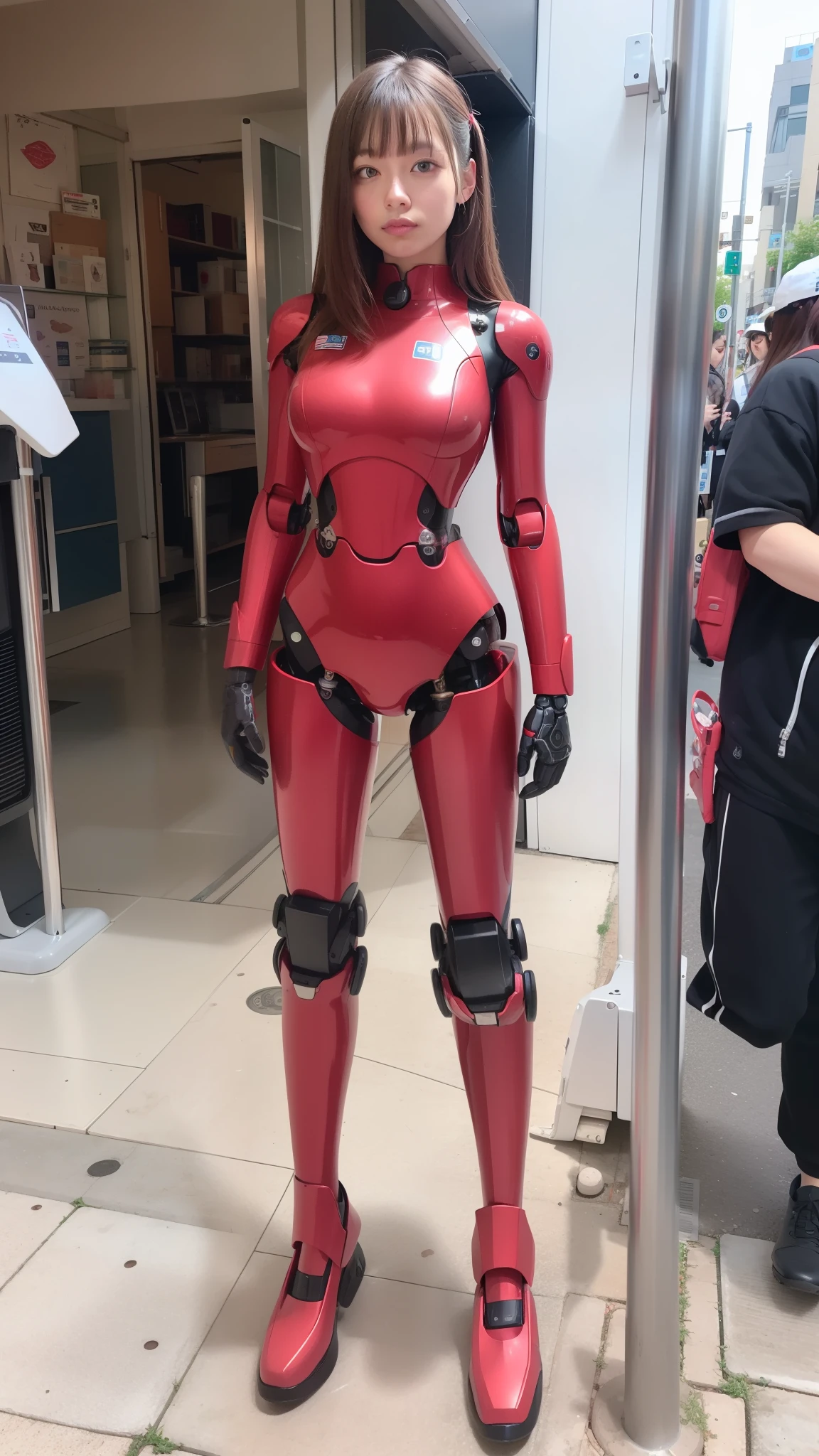 <lora:totallySpiesArtStyle10:1>, 1girl, short hair, blonde hair, small breasts, eyes, smiling, red catsuit, long sleeves, red long gloves, in a mall, full bodysuit catsuit, latex, vertical patterns <lora:zeroSuitSamus_v1:1>, silver_belt, silver belt, red_catsuit