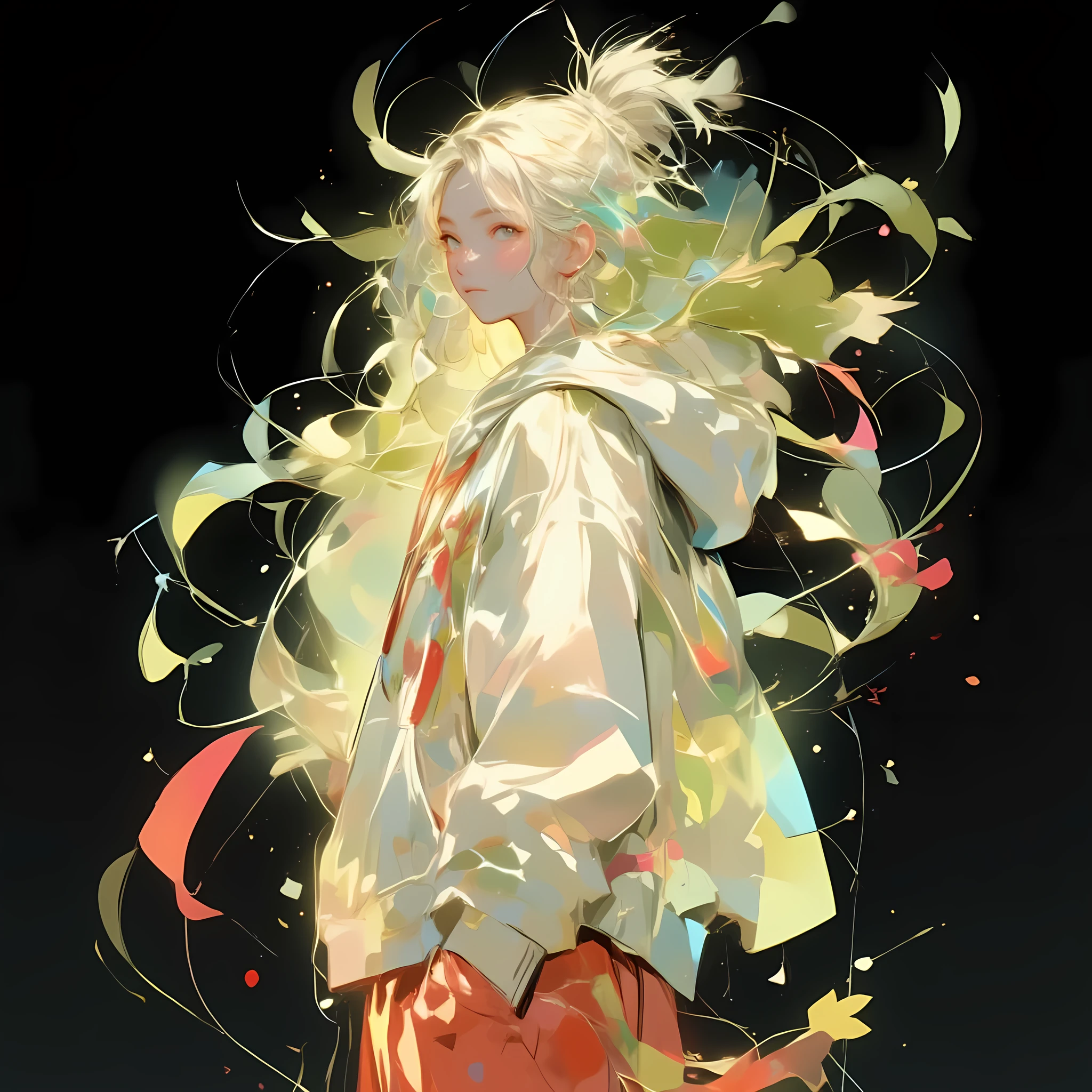 Daikon,chubby Daikon with arms and legs,invert color ,spirit of the wind, Katsushika Hokusai Style, surrealist portrait , A cute chubby big boy wearing a white hoodie and red sweatpants, Long hair tied up in a bundle, turning her head and looking over her shoulders with a charming and mischievous expression . The shiny hoodie glows softly , in stark contrast to the dark black . Daikon radiates subtle elegance , adds a mysterious and charming atmosphere to the scene .