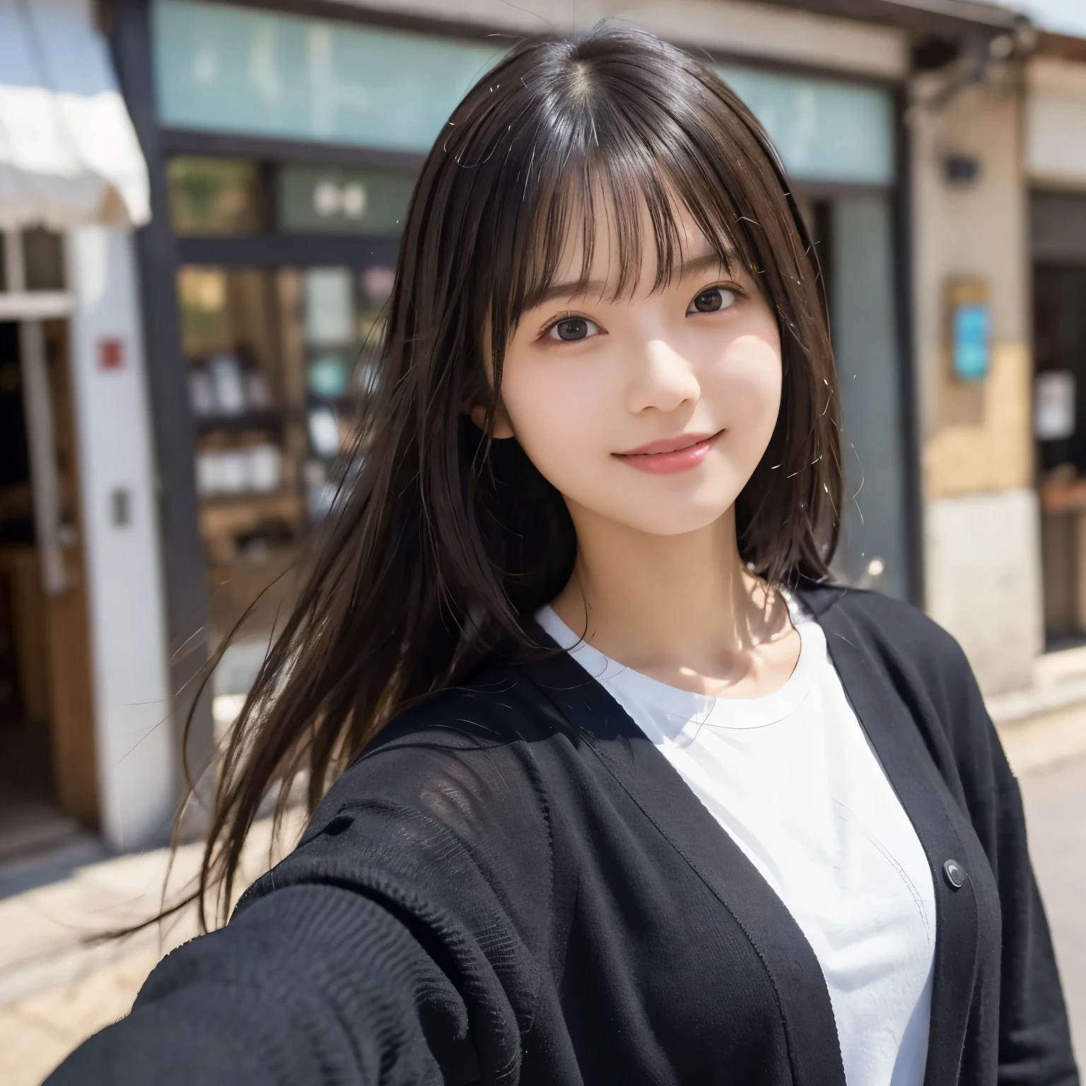 Hair swaying in strong winds ,  black cardigan,  white t-shirt , Street corner in the early afternoon , Blurred shop exterior, ( from the front:1.2), ( face close-up :1.3),( selfie:1.2),  natural smile ,  girl, busty,  black hair,  straight hair,  with bangs, 's greatest masterpiece,  professional lighting