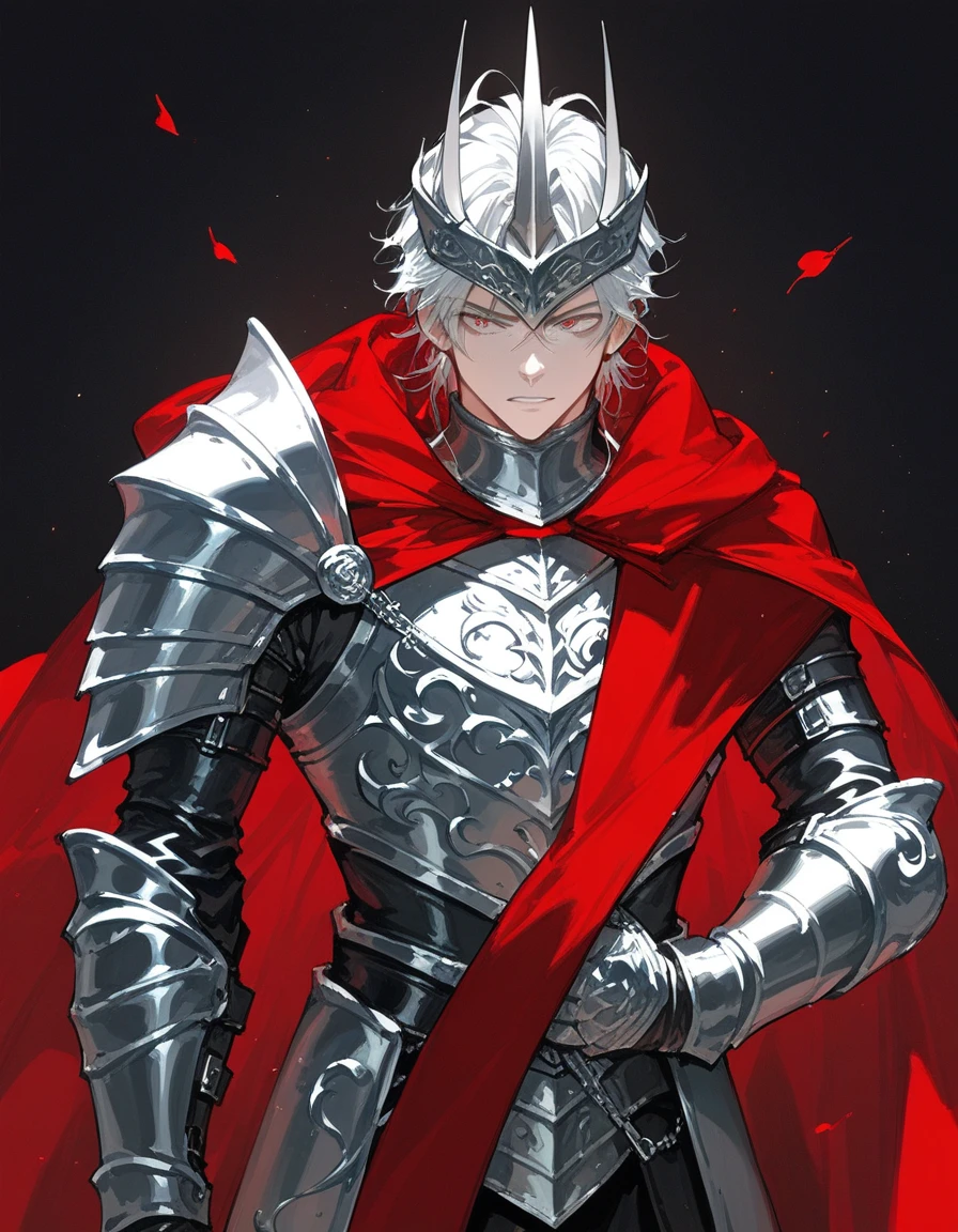 Personaje de anime vestido con armadura de pie en un patio con una cadena alrededor de su cuello, ojos rojos, inexpresivo, rostro varonil, Full portrait of the magic knight, Armadura plateada y ropa roja, Tendencias en ArtStation Pixiv, male paladin, A male human paladin, Crown Prince of Red Gears, Arte Zerochan, con una armadura real, Guweiz en Pixiv Artstation, con elegante armadura plateada