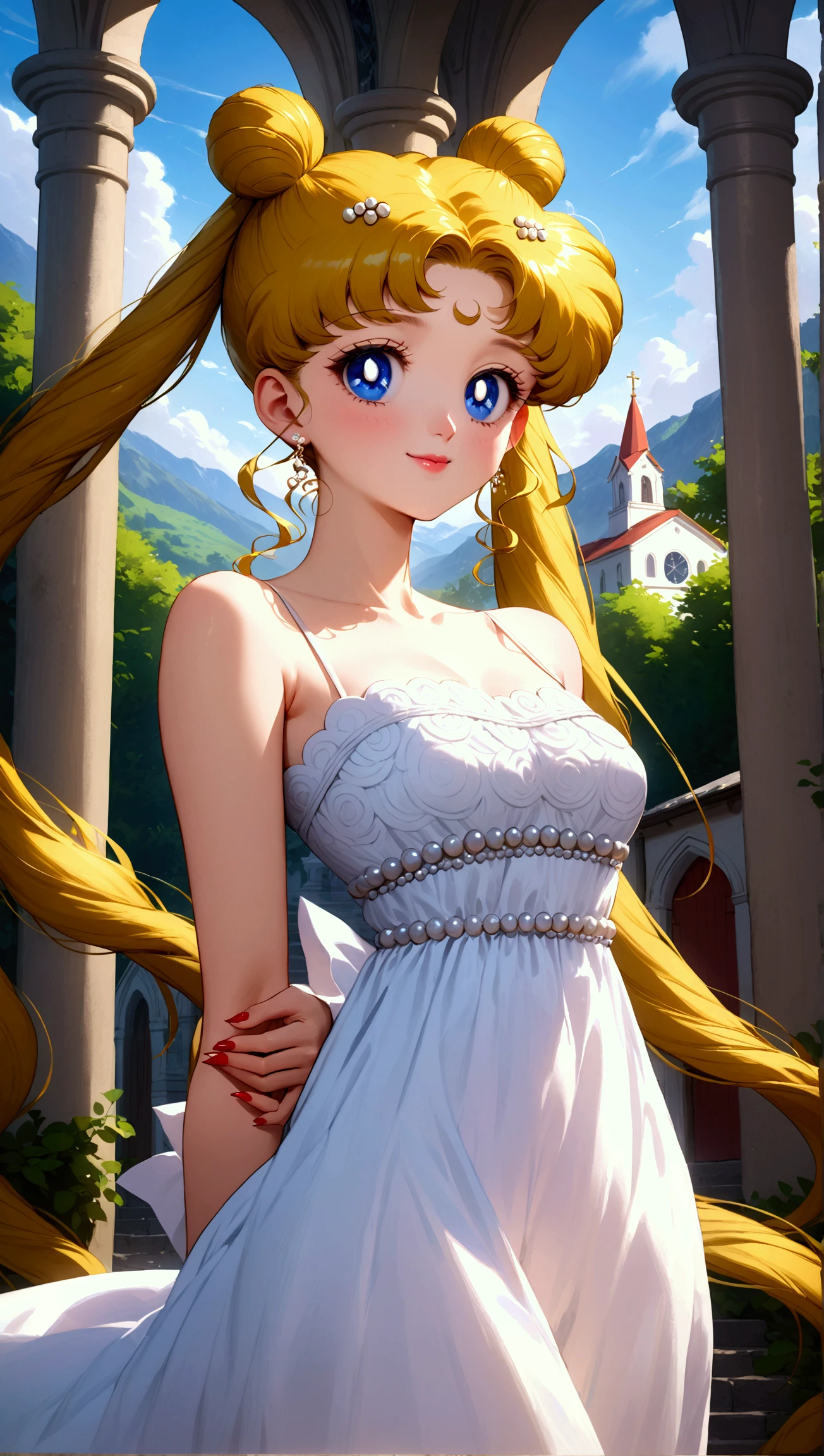 ((Upper body center)) (masterpiece, best quality, very aesthetic , ultra detailed), intriguing details , aausagi, smile, blonde hair, double bun, twintails, small breasts, blue eyes, mature woman, red nails, solo, Best quality, masterpiece, High Definition, church, detailed background, intricate details, day, white dress, bare shoulders, arms behind back, Высокое разрешение