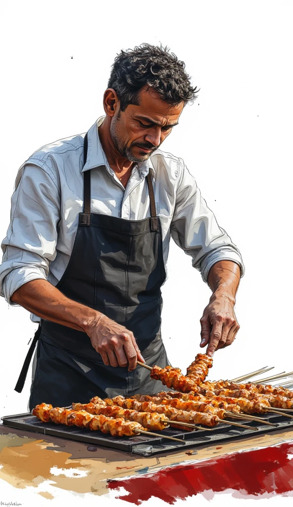 a photograph of a man from malaysia making satay in his food stall, white background