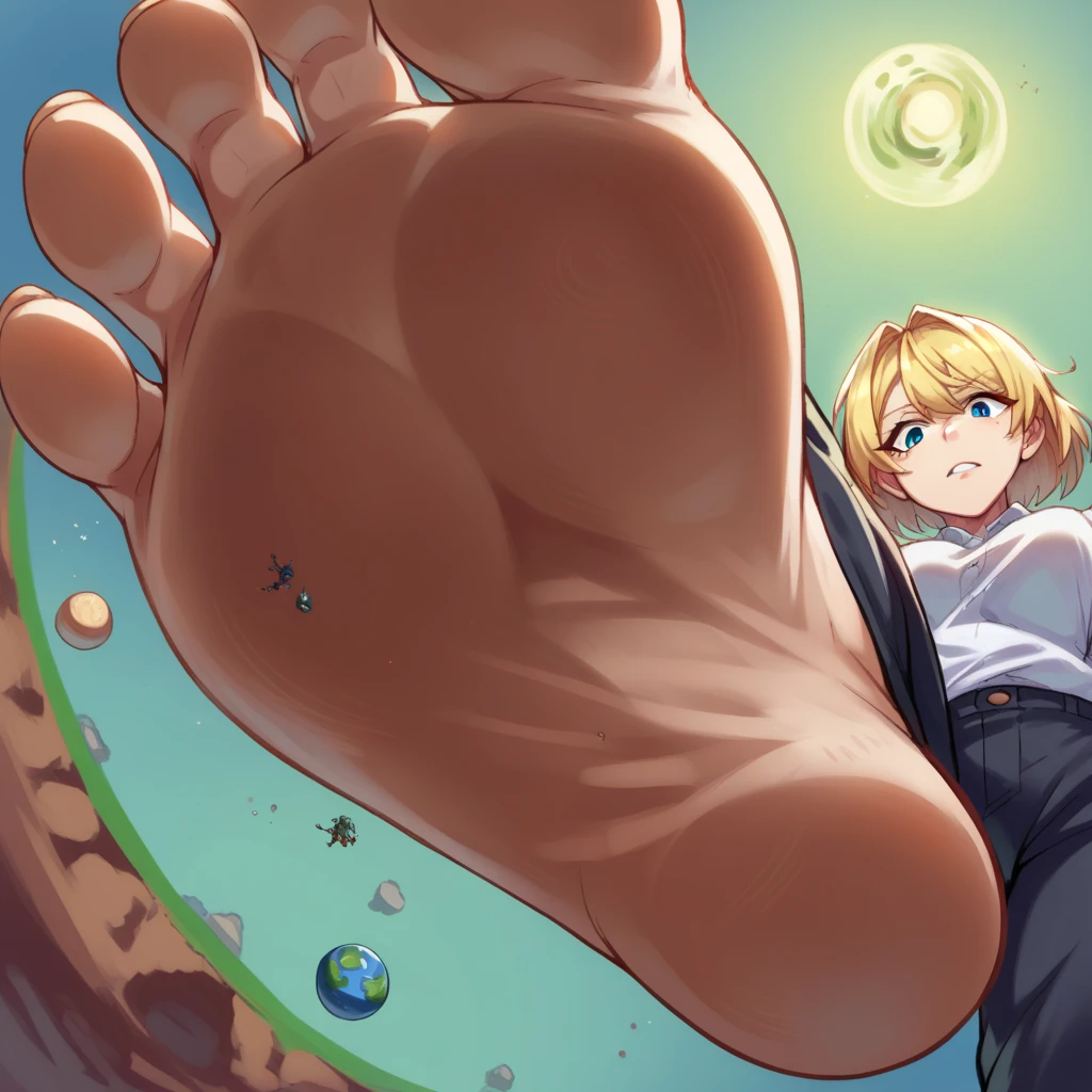 score_9, score_8_above, score_7_above, source_anime, BREAK POV : under Giantess , white skin tone , white shirt, black pants , blonde hair,from below,legs crossed,soles,earth,planet