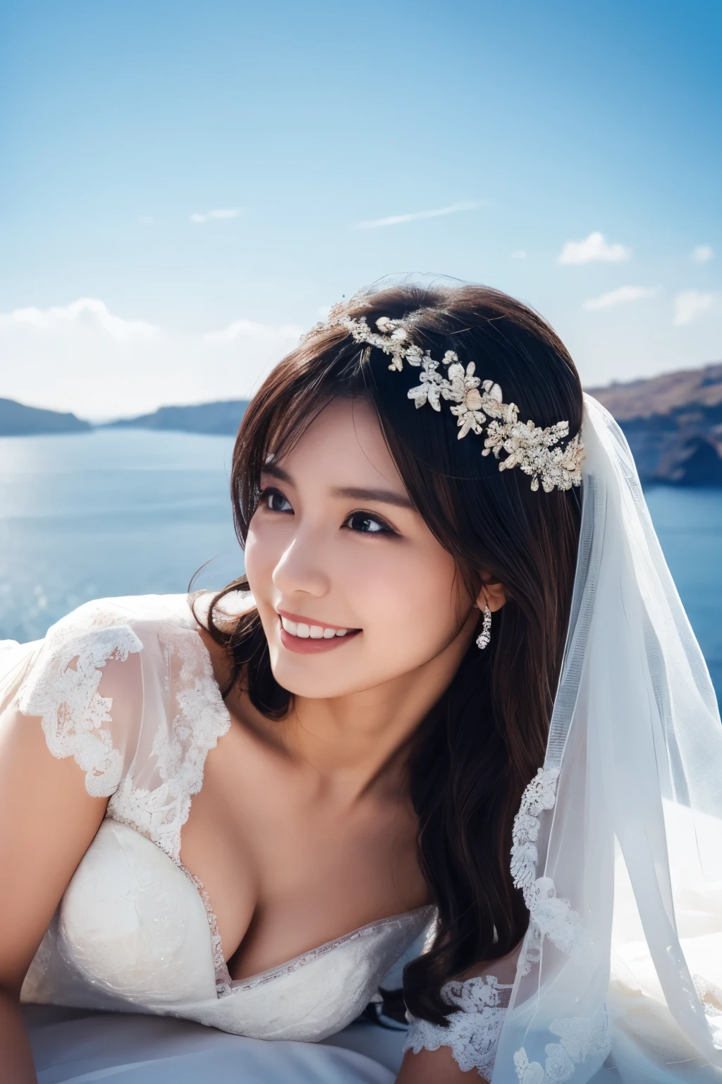 1 girl, ( wear a wedding dress:1.2), (Veil), very beautiful Japanese idol portrait, ( lying down ),
( RAW photos, top quality), ( realistic, realistic:1.4), (masterpiece),
very delicate and beautiful, very detailed, 2k wallpaper, amazing on the beach, finely, very detailed CG Unity 8K wallpaper, very detailed, high definition, Soft light,
girl with beautiful details wearing a navy blue blouse, very detailed目と顔, beautiful and sophisticated nose , beautiful beautiful eyes under the sun, movie lighting,
(Santorini church ), (bell), (Aegean Sea),
Perfect Anatomy , slender body, ( small breasts), (A shy smile), whole body