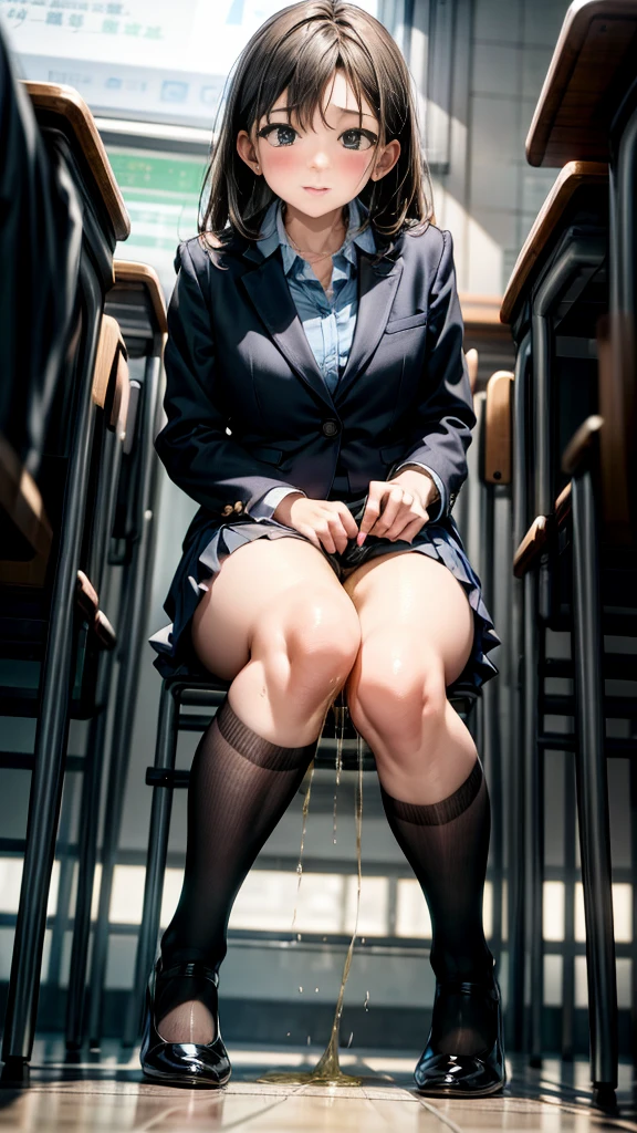 Female teacher urinates、 female teacher pees at graduation 、 pee leak 、 pee yourself 、 lots of pee 、from below、gaze at the audience、 black suit、 black miniskirt 、 high heels、  Perfect Figure、 very beautiful、Japanese elementary school teacher 、学校の体育館で卒業式を取り行っている最中に女教師が pee leak 、 is surrounded by students、Female teacher is sitting in a pipe chair、 wearing black panties 、 high definition 