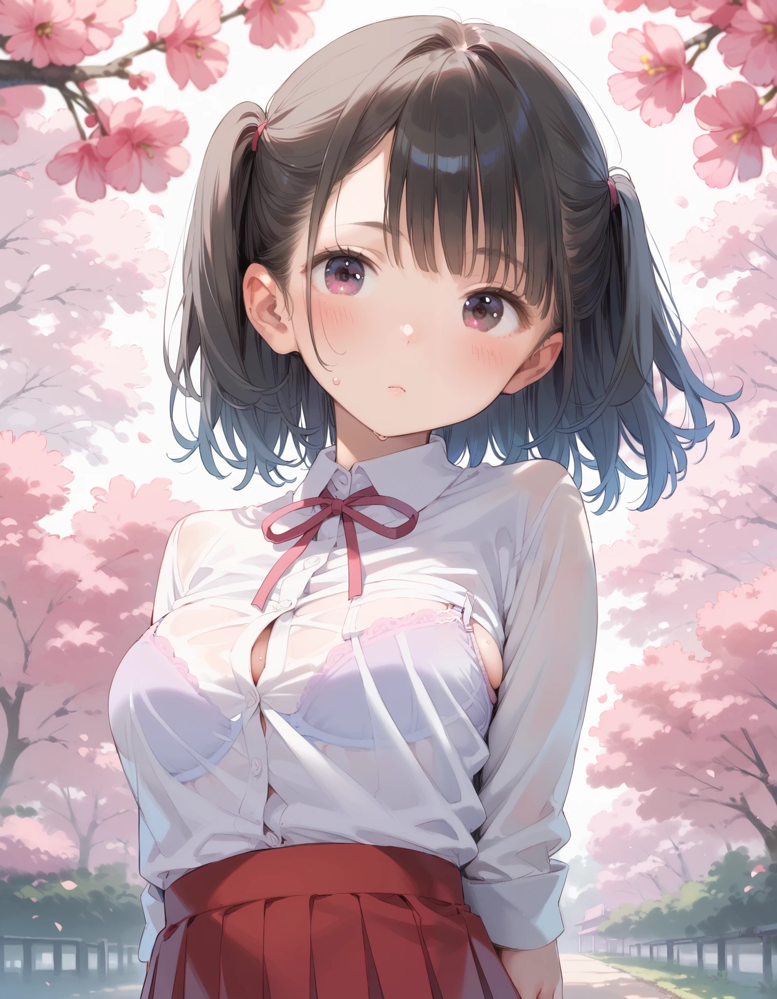 score_10, score_9,  score_8_ up,  score_7_ up,  source_Anime,   high resolution images  ,  Masterpiece  ,  top quality,  girl ,  cute face, plump breasts 、 white skin,  shiny hair ,  Shiny Skin、Sweaty skin、 fox ear、 super detailed eyes are sandwiched between rows,  cherry blossom background ,  pulls clothes ,  bra、 panties ,  skirt ,  is standing