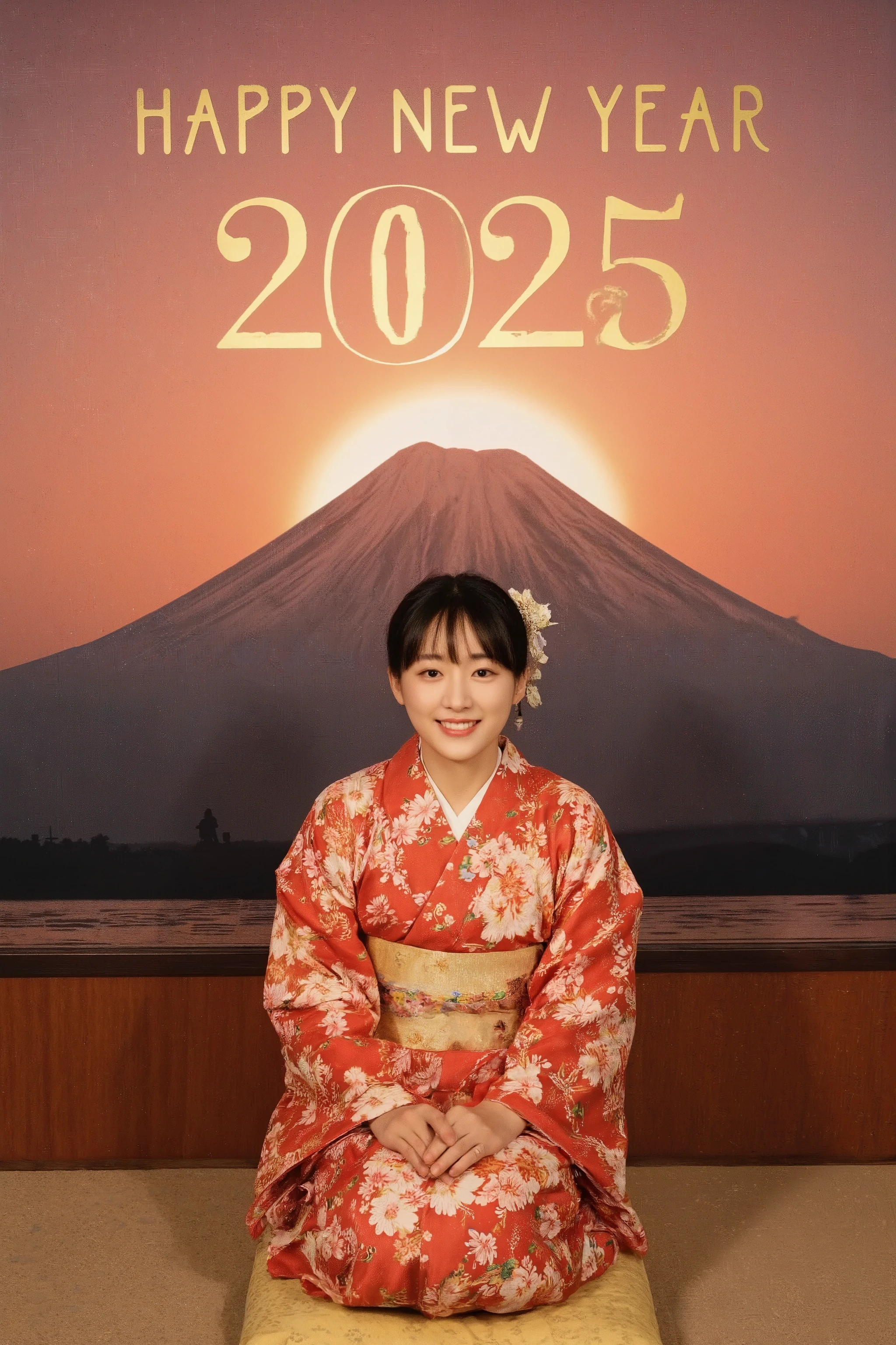 photo realistic, realism, super photography, from below, a girl, solo, Japanese Beautiful girl, youth, smiling happy, Seiza, Sitting upright on a Japanese traditional cushion, Zabuton, Leaning forward and facing forward, wearing a kimono, Japanese formal wear, furisode, gorgeous kimono, red kimono, lots of floral prints, detailed kimono texture, Hands placed in front of knees with fingers together, Look straight ahead, A happy expression, black hair tied up, Geisha hair style, traditional Japanese hair ornament, great Mt.Fuji background, Sunrise behind Mount Fuji, Dawn sky background, (((gradient text "HAPPY NEW YEAR 2025" takes center stage in the Dawn sky))), ((The bold letters glow golden)), The girl's figure becomes a silhouette in the backlight, cinematic scene, dramatic effects, masterpiece, amazing quality, depth of field, high resolution,absurdres, newest, very aesthetic, (((not Chinese style))), (((No Chinese style))),