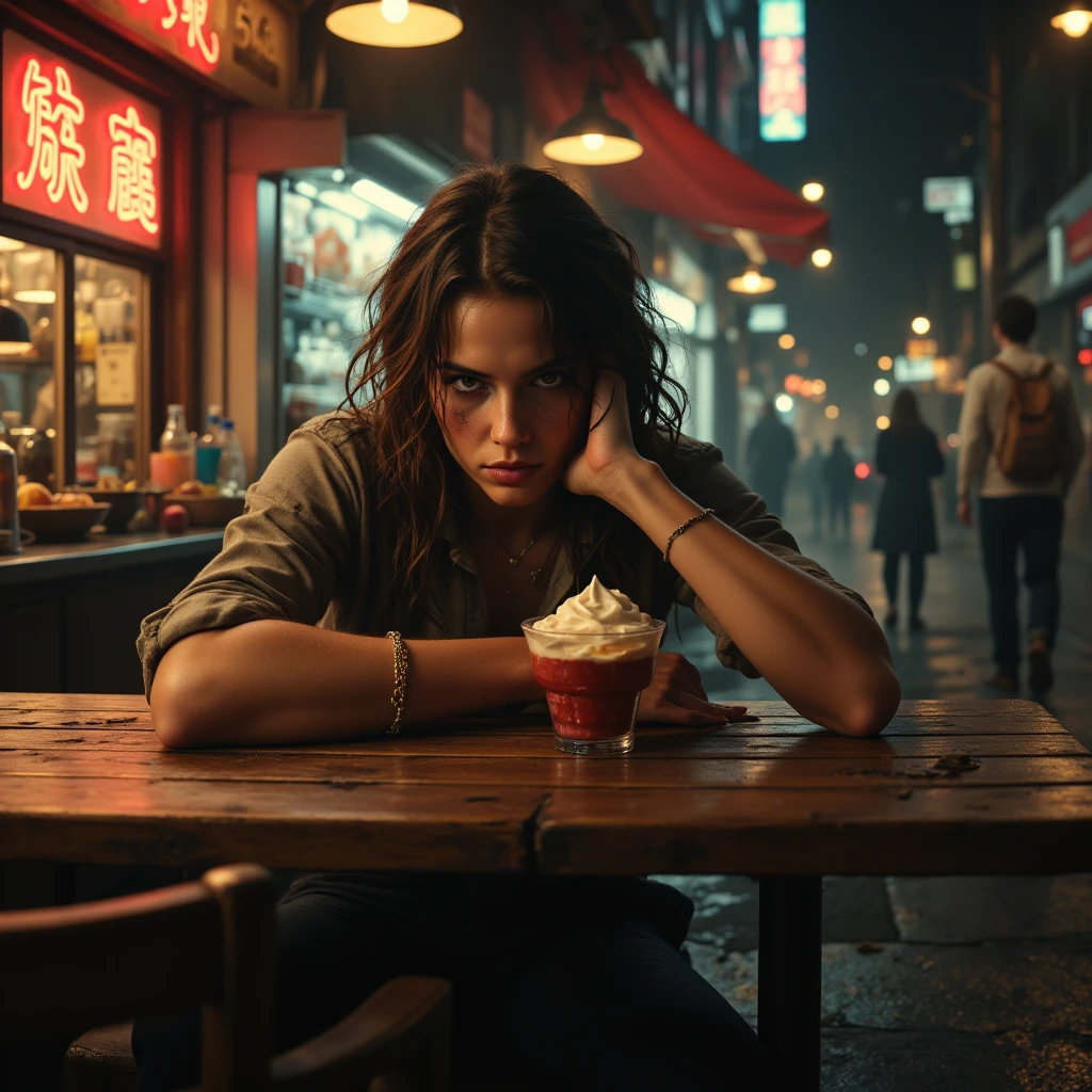 1young man\(scar on cheek,intense expression,aidmafluxpro1.1, resting her head on a wooden table, holding a cocktail cone in one hand and an vodka glass in the other hand, messy posture,dangerous aura\), background\((Street Food Stall),The sign on the shop reads "don't want to work",Lively night cityscape, bright light from street lamps \),warm and rich tones, intricate details, dramatic lighting,humorous and casual atmosphere, realistic photo style,high-quality, detailed