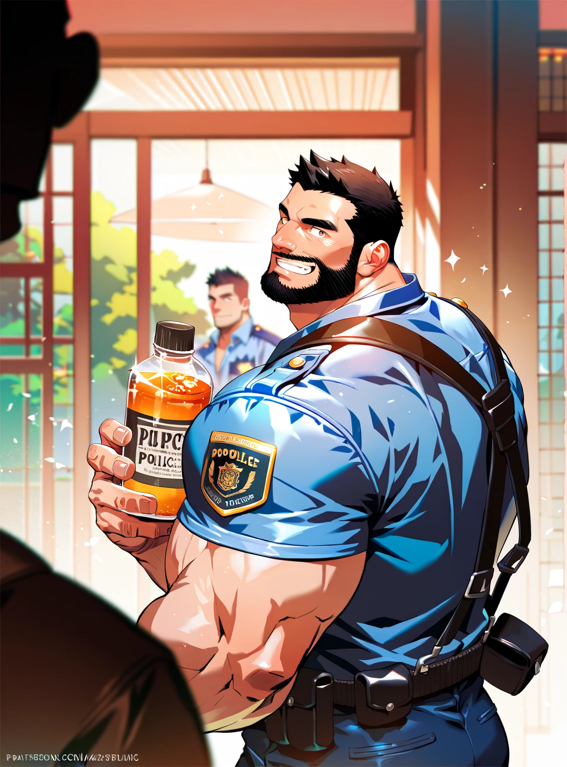 2 Police   ,man, Muscular,  beard and short hair  ,  big penis,  A room in the back  .   just wearing a shirt,not, a big smile on the face ,