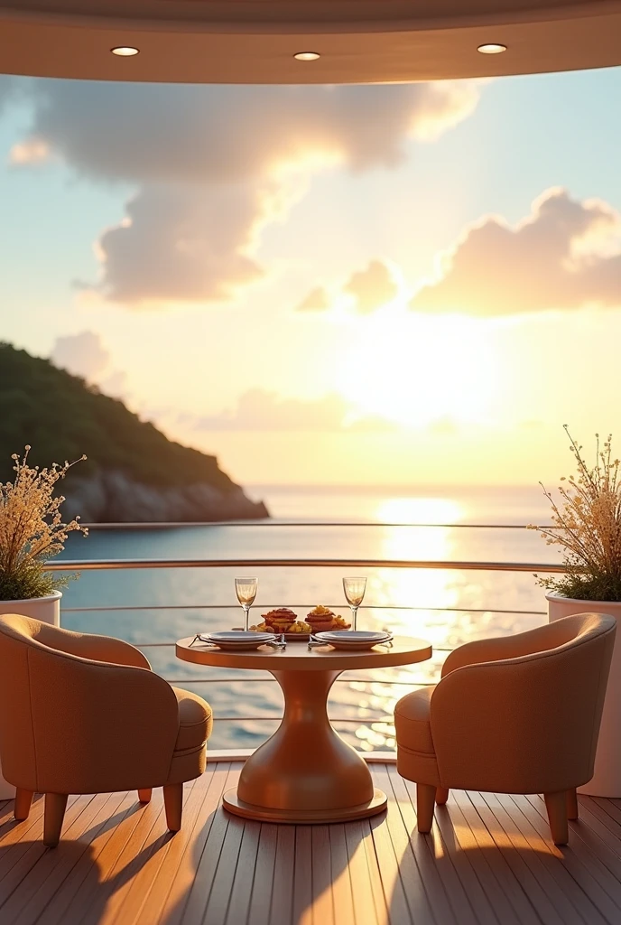 A romantic image A breakfast table on a luxurious yacht by day, sunlight, clouds, flores, red,  two glasses, two plates ,two upholstered chairs,  modern realistic 8k ultra HD image, without people, fruits, two cups , the cake, juice.