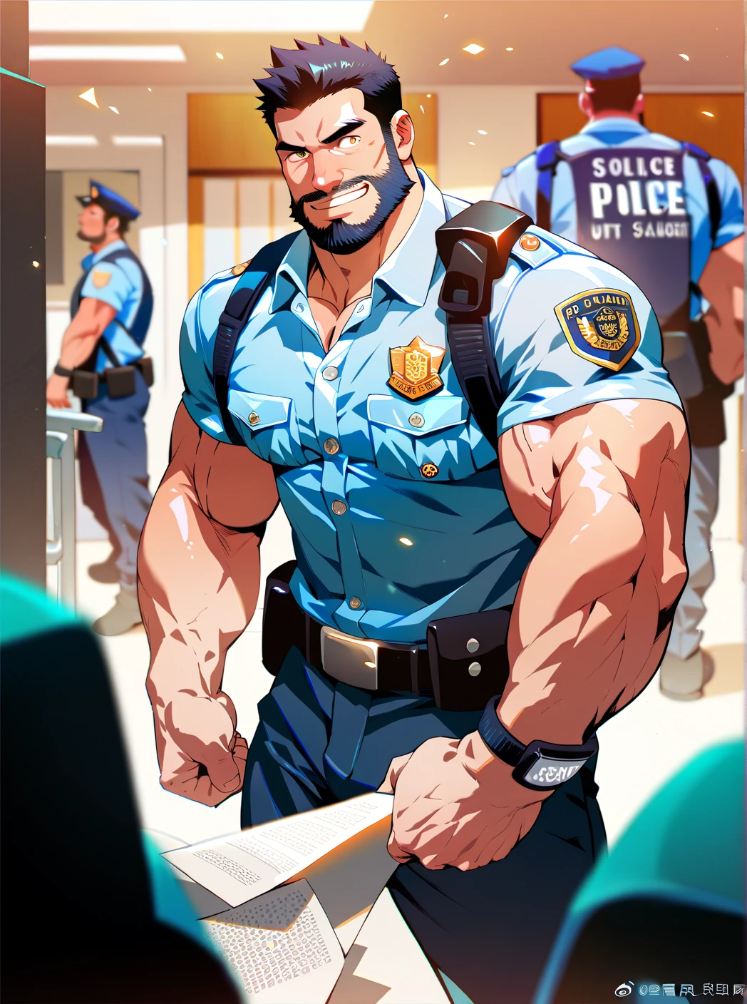 2 Police   ,man, Muscular,  beard and short hair  ,  big penis,  A room in the back  .   just wearing a shirt,not, a big smile on the face ,