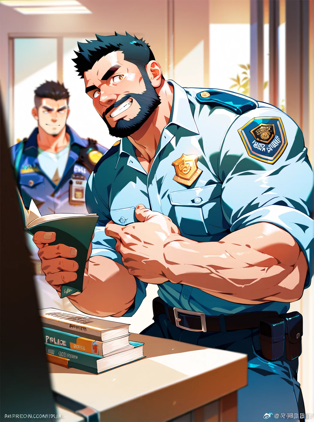 2 Police   ,man, Muscular,  beard and short hair  ,  big penis,  A room in the back  .   just wearing a shirt,not, a big smile on the face ,